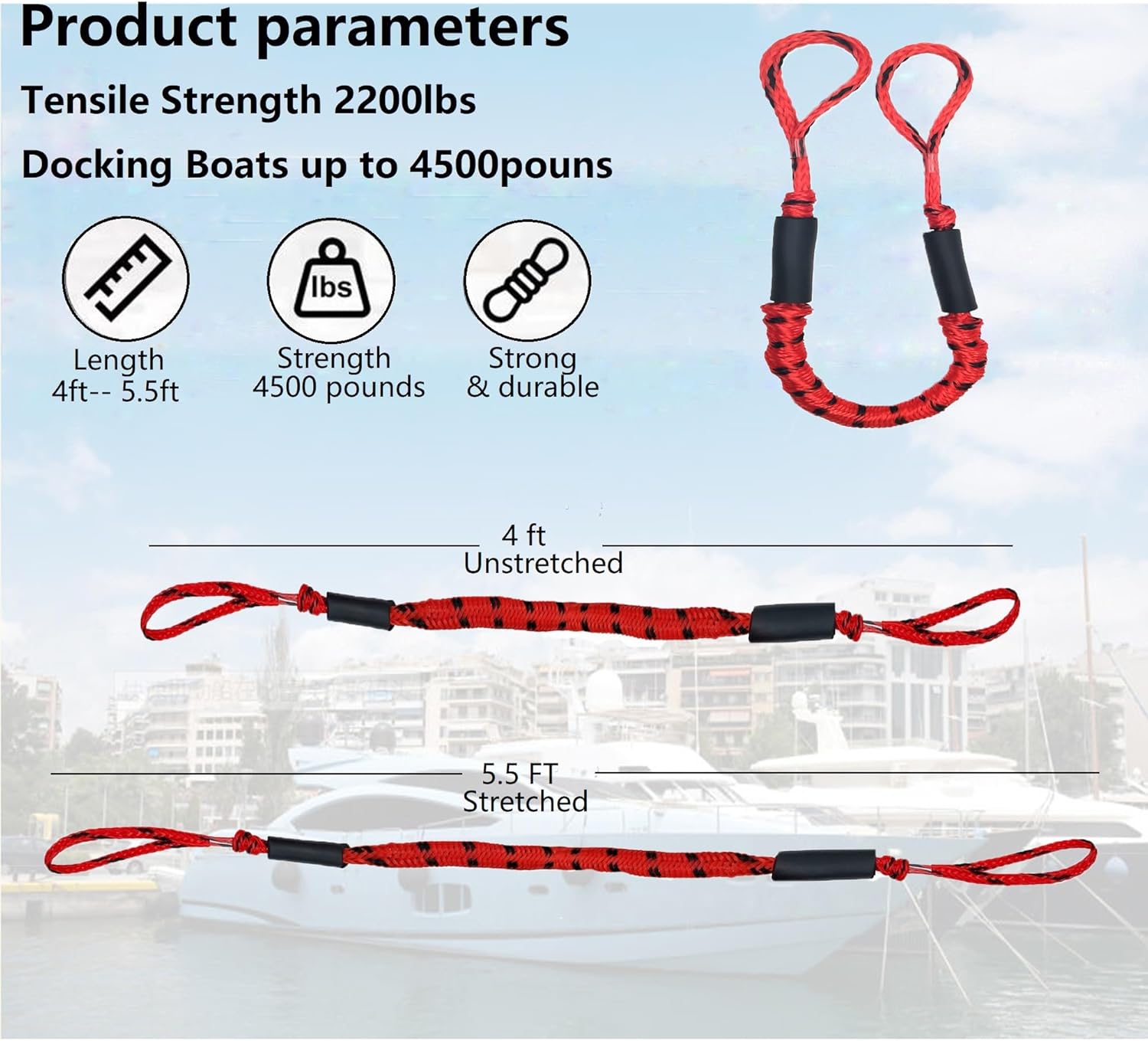 Boat Bungee Dock Lines, Mooring Rope for Docking with Loop, Boat Ropes, Boat Accessories, Quick and Easy Dock for PWC, Kayak, Seadoo, WaveRunner, Pontoon, Bass Boat (RED&Black)