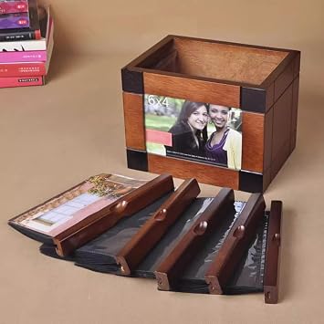 Wooden Photo Box, Album Storage Box with 5 Pull Out Albums, Insert Photo Frame Cube, for 6x4 Inch Photos, Can Hold 100 Photos, Weddings Anniversaries
