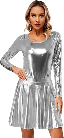 YiZYiF Women's Shiny Metallic PVC Leather Pleated Skirts Gymnastics Dance Leotard Bodysuit Catsuit