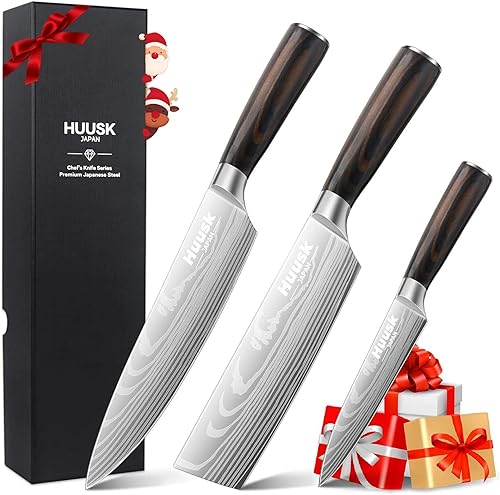 Huusk Juego de cuchillos de chef japoneses, juego de cuchillos de cocina profesionales, juegos de cuchillos de cocina ultra afilados con mango de