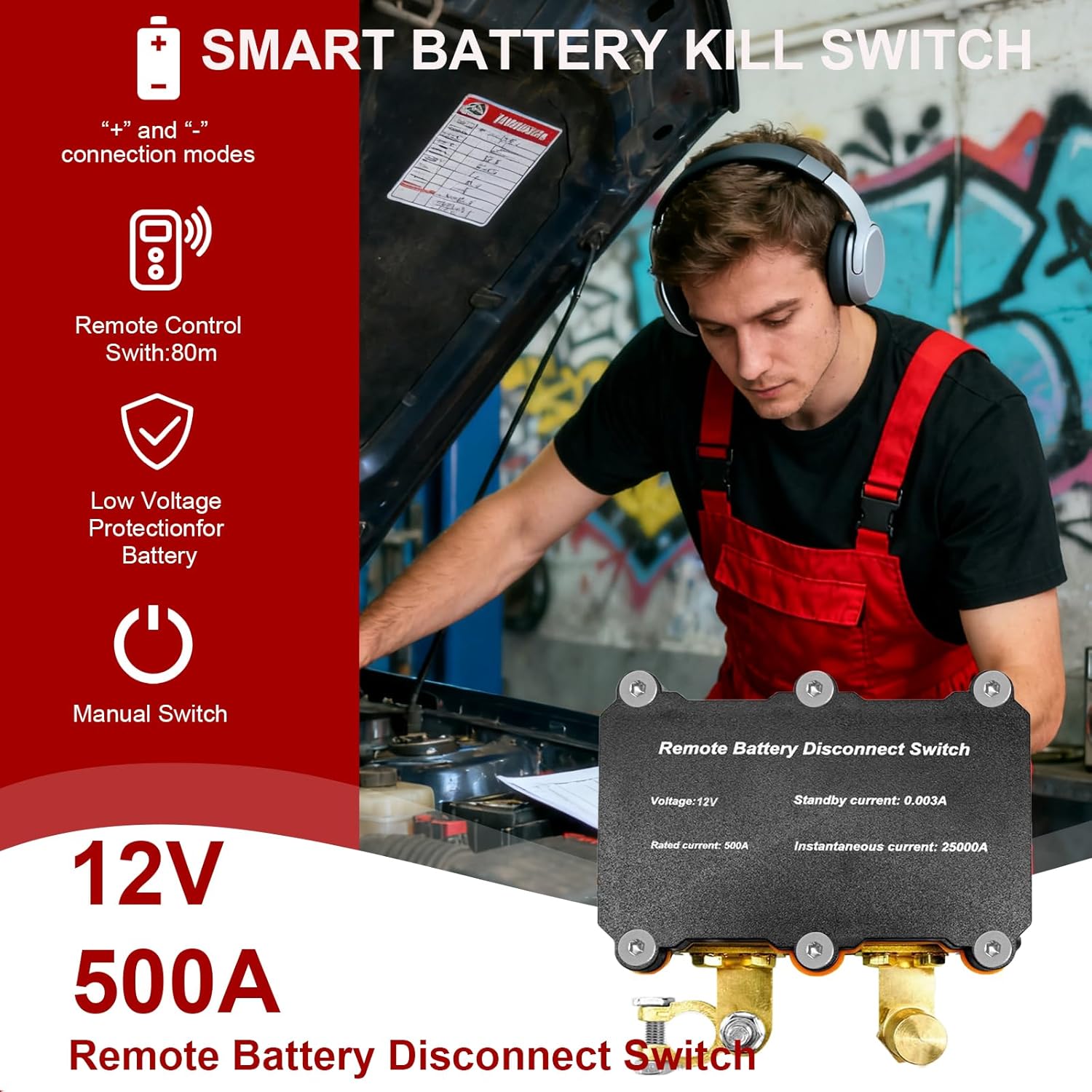 500A Smart Remote Battery Disconnect Switch 12V - Quick Kill Switch for Car, Anti-Theft Battery Cut Off Switches for Marine RV Truck Boat ATV, Heavy Duty DC 12V Remote Battery Disconnect Switch