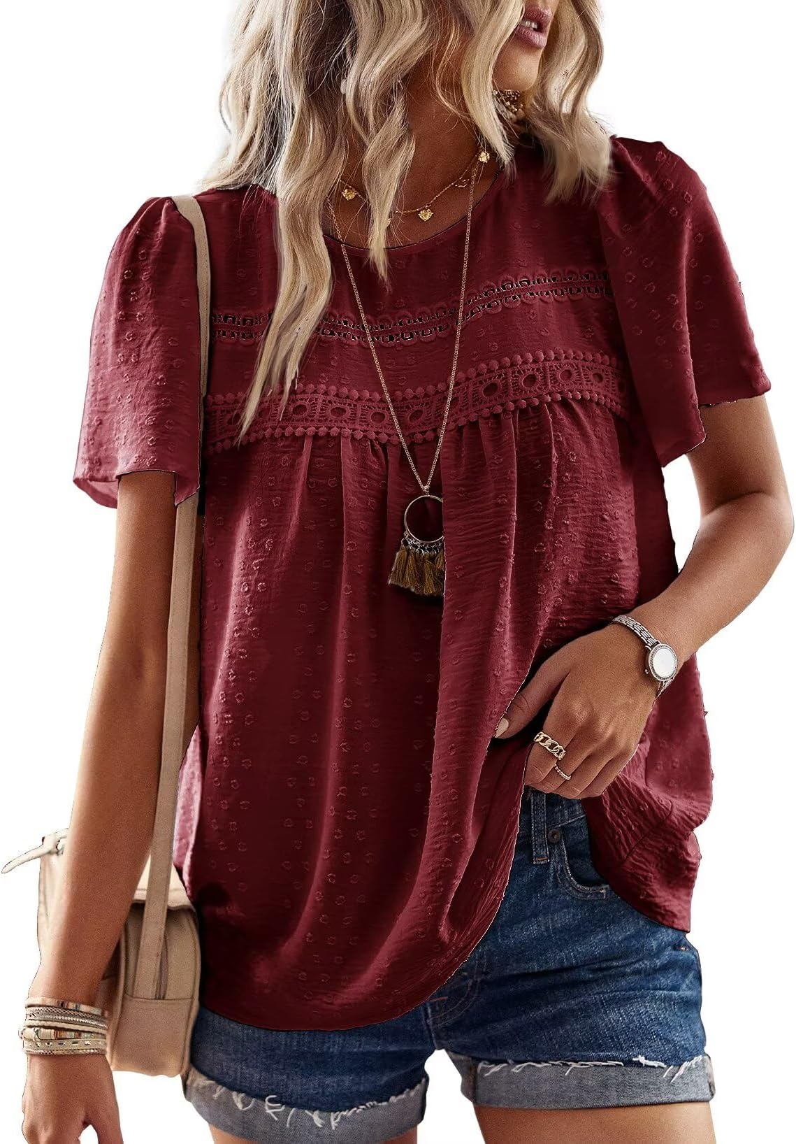 Falechay Womens Summer Tops Crewneck Short Sleeve Shirts Casual Chiffon Blouses Flowy Lace Hem Boho Clothing Trendy 2026