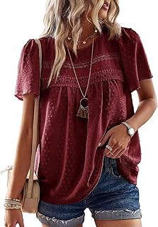 Sponsored Ad - Falechay Womens Summer Tops Crewneck Short Sleeve Shirts Casual Chiffon Blouses Flowy Lace Hem Boho Clothin...