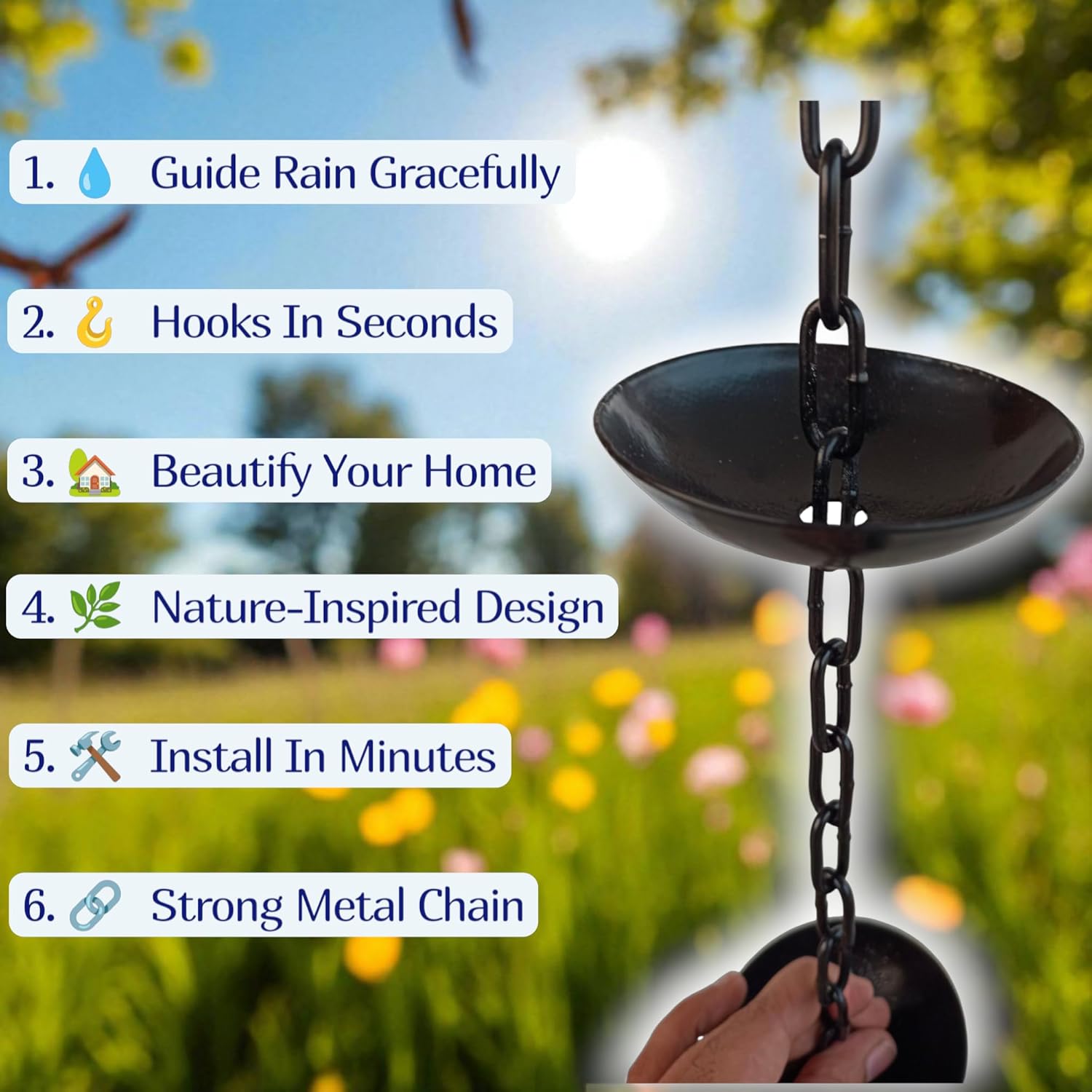 Rain Chain Kit 3in1 9FT with 12 Cups & 13" Lotus Basin – Black Iron Downspout Alternative with V-Shaped Gutter Hook – Decorative Rainwater Catcher for Garden & Barrel