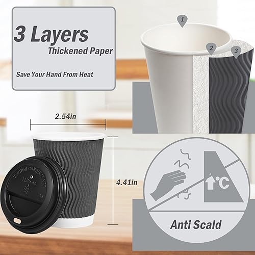 Miniatura 2 de Lamosi Paquete de 500 tazas de café desechables aisladas de 12 onzas con tapas, tazas de café de papel con tapas, taza de pared ondulada corrugada