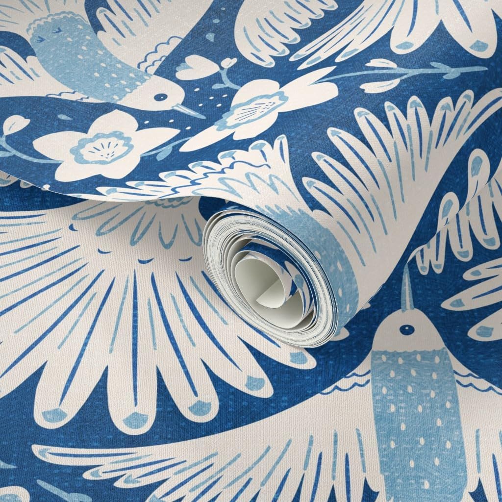 Peel & Stick Wallpaper 12ft x 2ft - Blue Bird Hummingbirds Pollinators Orchid Flowers Botanical Custom Removable Wallpaper by Spoonflower