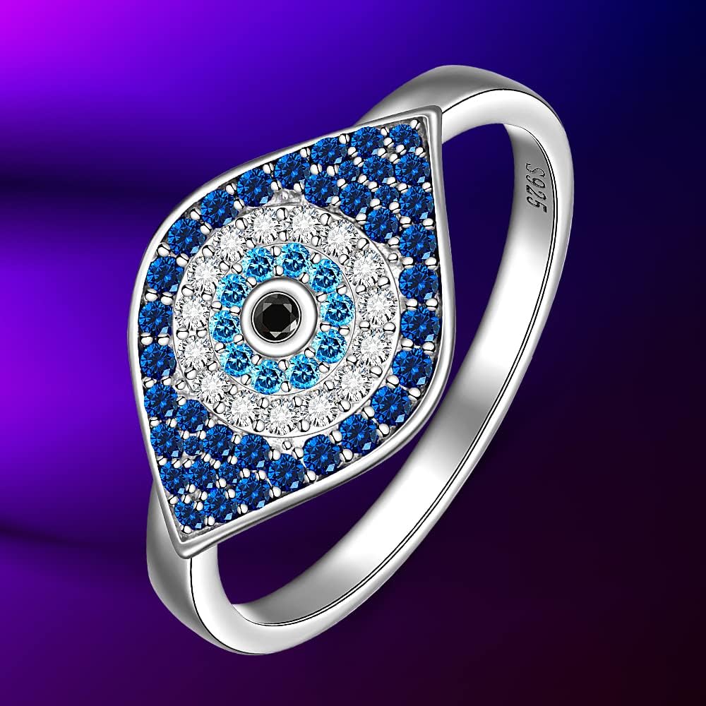 Fenthring Evil Eye Ring Sterling Silver Sapphire Spiritual Turkish Blue Evil Eye Rings for Women Amulet Protection Ring Gift for Her Size 6-9 - Image 2