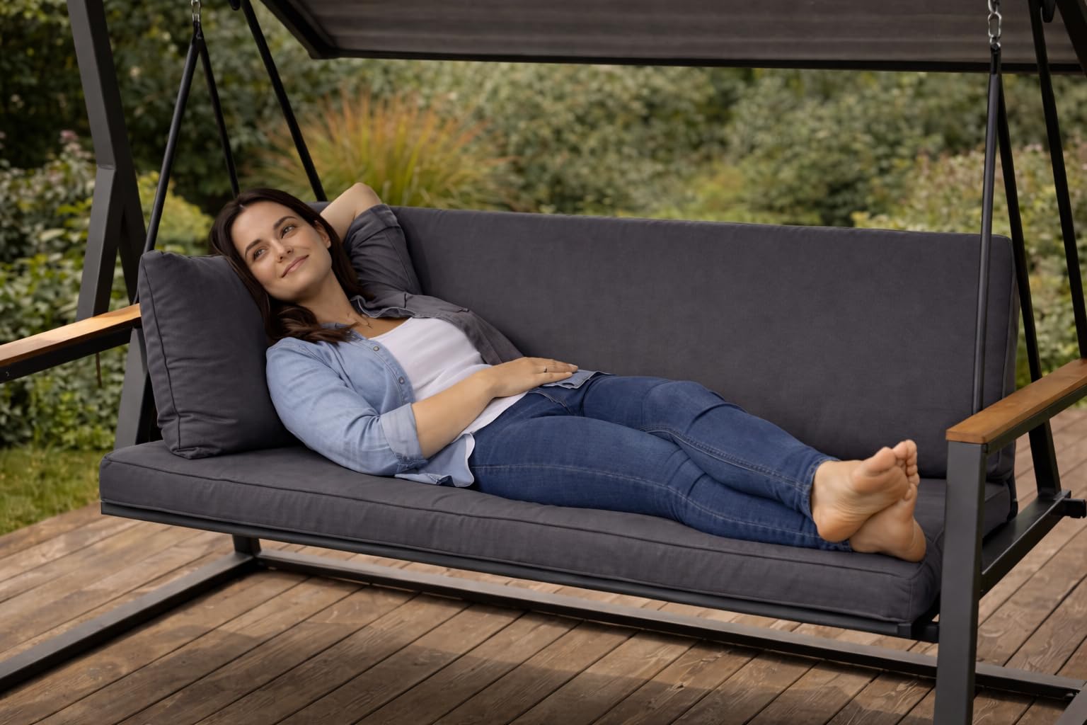 Cuscino per dondolo Hollywood, spessore 7 cm, imbottitura per seduta e schiena, rivestimento rimovibile, reversibile, set di cuscini da giardino (antracite, 180 x 50 x 50 cm)
