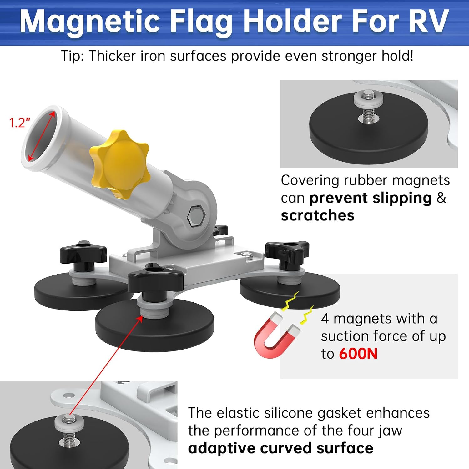 Magnetic Flag Pole Holder for 5th Wheel RV Hitch, Adjustable-Angle Car Flag Pole Mount ,No Drill Flag Pole Mount for Camper, Rv, Trailer, Truck, Van