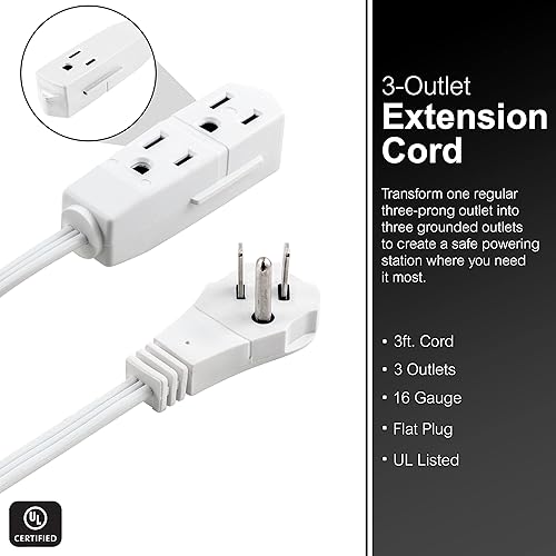 Miniatura 2 de GE Cable de extensión plano de 3 salidas de 3 pies, cable de extensión a tierra con múltiples tomas de corriente, extensor de salida de 3 clavijas,