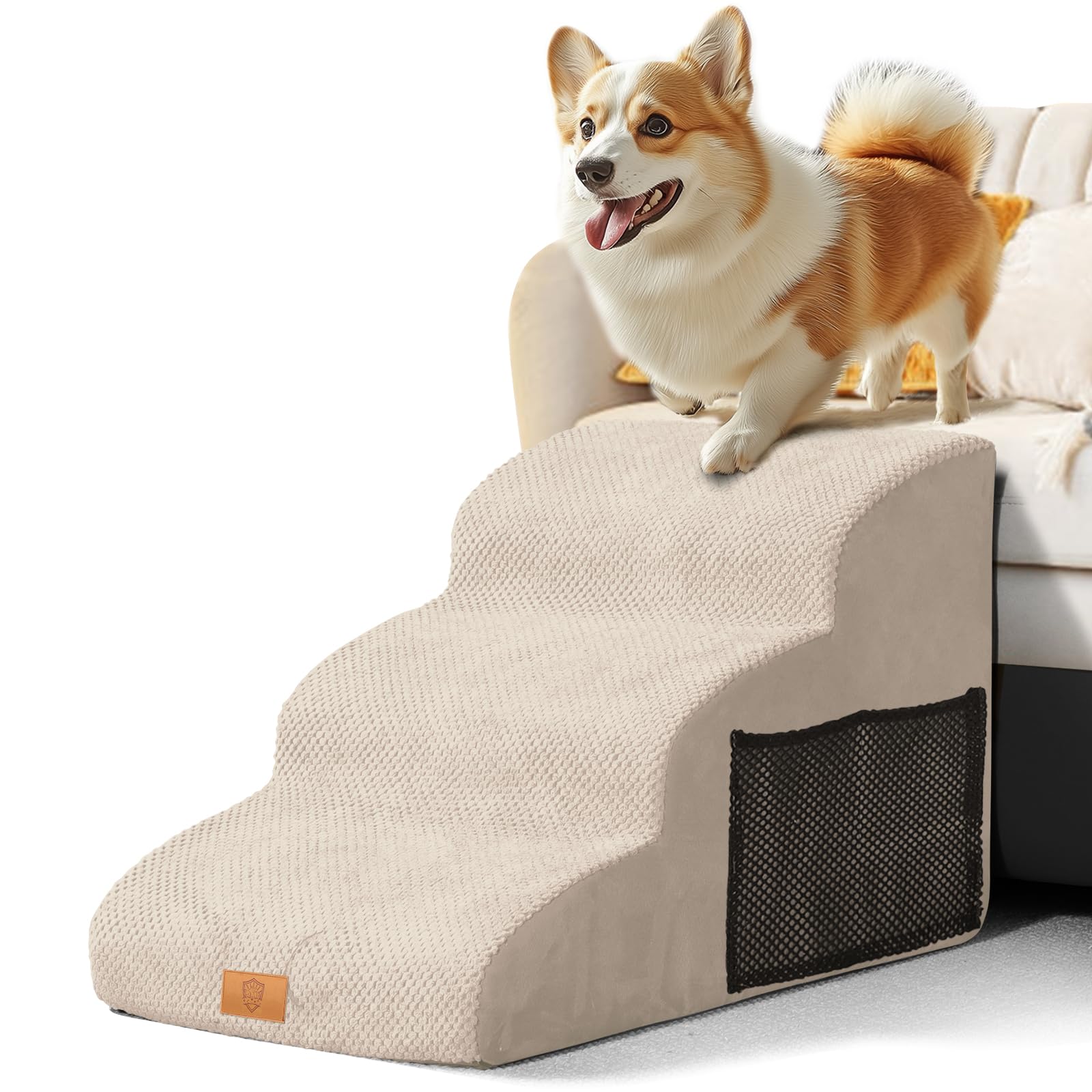 Masthome Hundetreppe für Kleine Hunde,Haustiertreppe 3 Stufen,Hunderampe aus Hochdichtem Schwamm für Bett und Sofa,Katzentreppe mit Waschbar Plüschbezug,40cm Hoch,Beige
