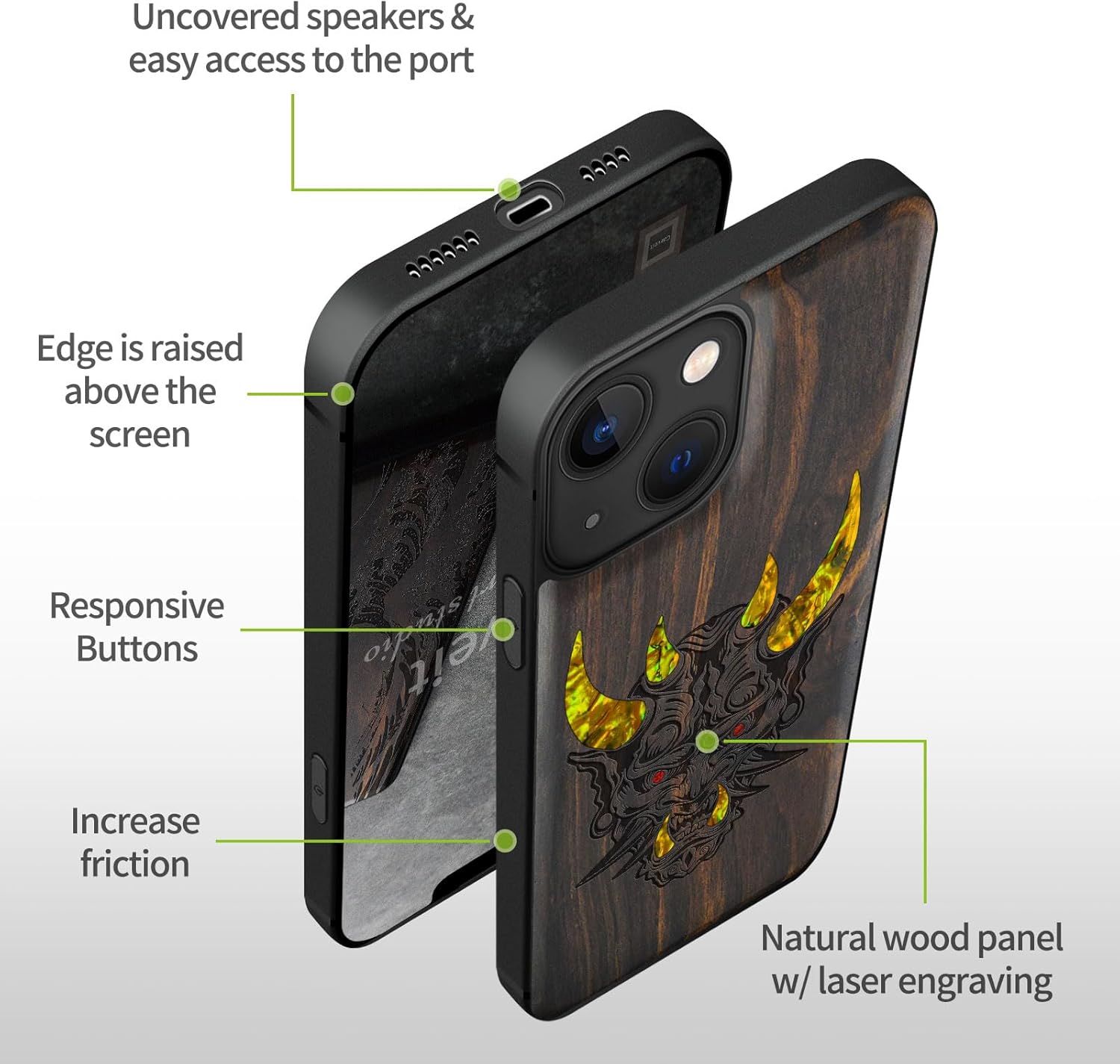 Carveit Designer Wooden Protective Case for iPhone 13 Magnetic Cover [Wood Engraving & Shell Inlay] Compatible with iPhone 13 MagSafe (Japanese Oni Mask-Blackwood)