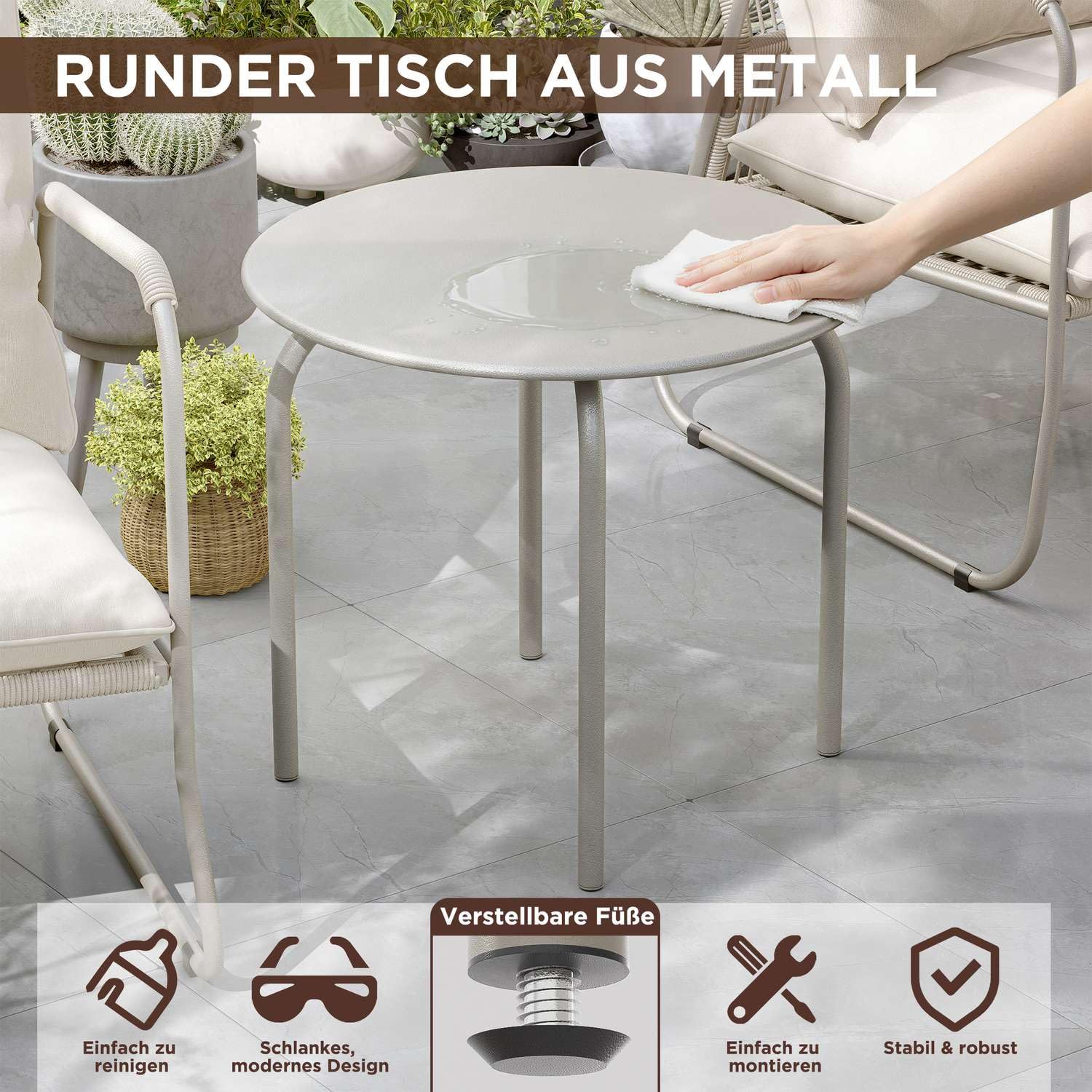 ALAULM 3-teilige Gartenmöbel-Set, Balkonmöbel aus Atmungsaktive PE-Rattan Gartenstühle mit Kissen & Runder Couchtisch, Balkonmöbel Set für Garten, Balkon, Terrasse(Beige)