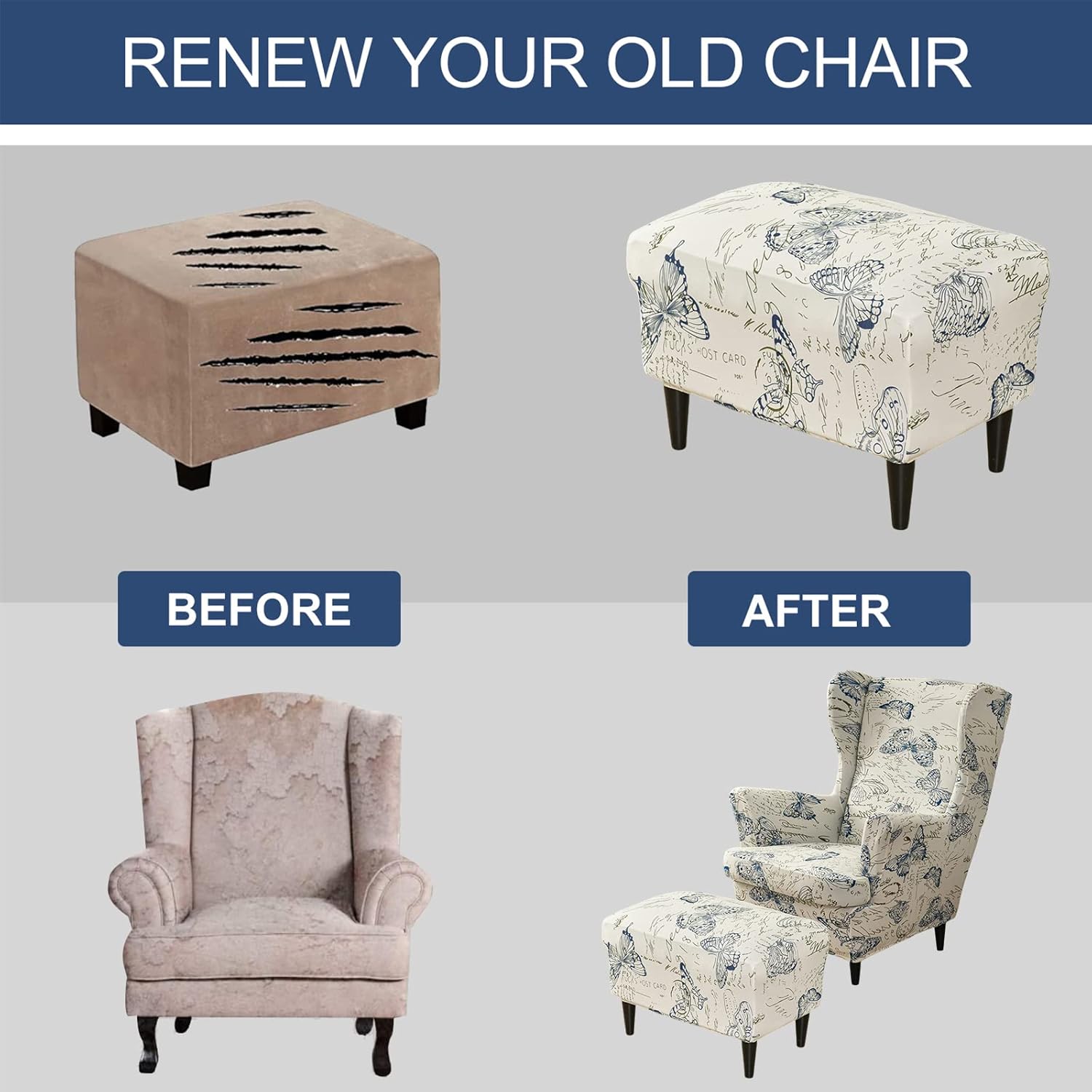 HAOYONG Stretch Wing Chair Cover Set Ottoman Slipcover 2 Pieces Wingback Chair Slipcover and and 1 Piece Rectangle Storage Stool Cover Removable Armchair Sofa Covers for Living Room Bedroom