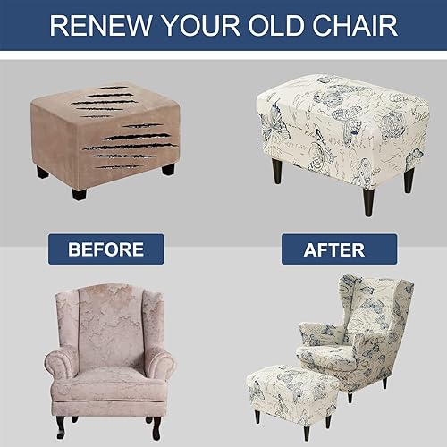 Miniatura 7 de HAOYONG Juego de Fundas Elásticas para Silla con Alas y Otomana, 2 Piezas de Funda para Silla Wingback y 1 Pieza de Funda Rectangular para Taburete