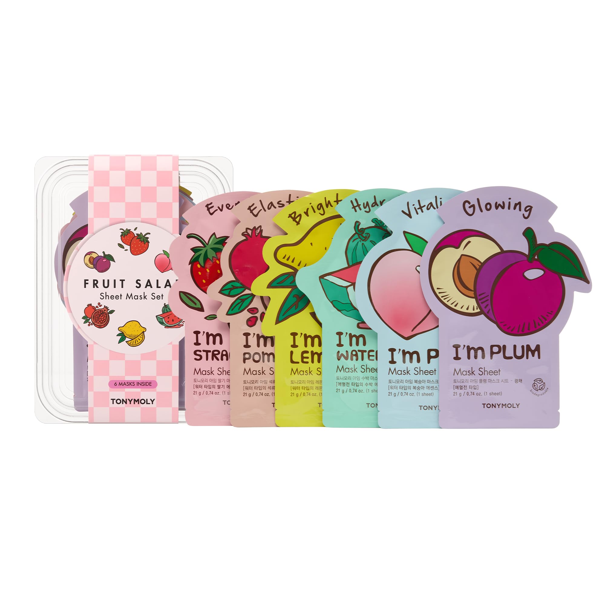 TONYMOLY Fruit Salad Sheet Mask Set – 6 Hydrating & Brightening Korean Face Masks with Vitamin C & Antioxidant Fruit Extracts for Radiant, Glowing, Nourished Skin – K-Beauty Self Care & Gift Set