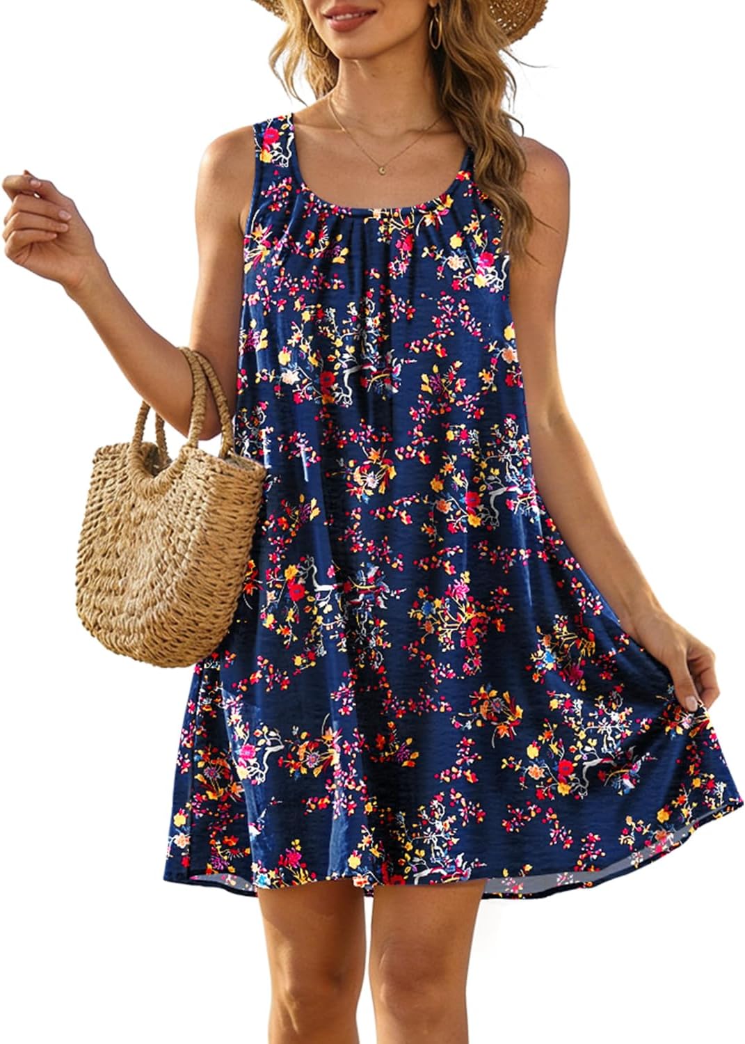 YESNO Summer Dresses for Women Casual Boho Floral Sundresses Sleeveless Scoop Neck Beach Tank Dresses EVS