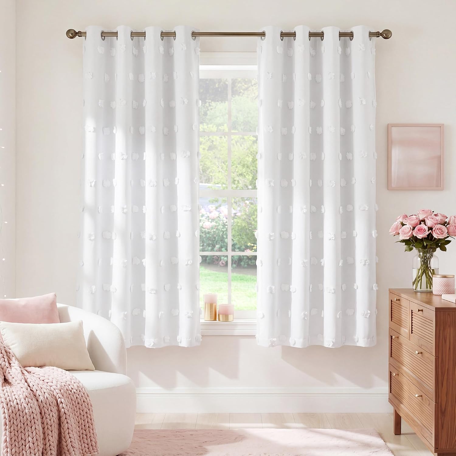 NICETOWN Pure White Pom Pom Curtains, True Blackout Double Layer Sheer Drapes for Nursery & Kids Room, Thermal Insulated Room Darkening Window Treatments, 52 x 63 Inch, 2 Panels