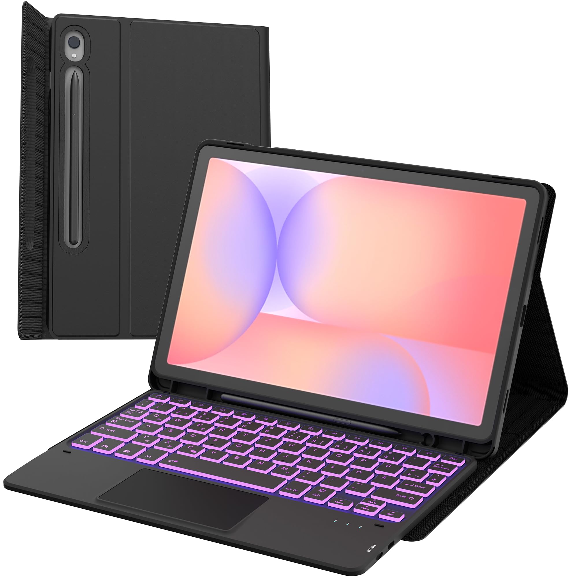 Etui na klawiaturę do Samsung Galaxy Tab S9 FE - 7 kolorowych oświetlenia touchpad tablet Cover z uchwytem na długopis - podświetlana klawiatura niemiecka QWERTZ Layout