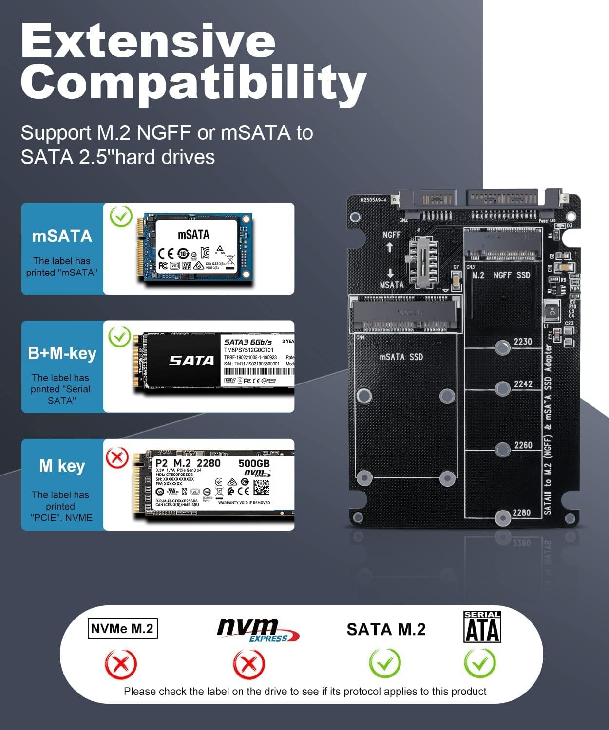 Tobo 2 in 1 Combo NGFF M.2 SATA & mSATA SSD to 2.5inch SATA3.0 Adapter Converter Card,M.2 (NVMe & AHCI) SSD Can not be Supported (TD-423HS