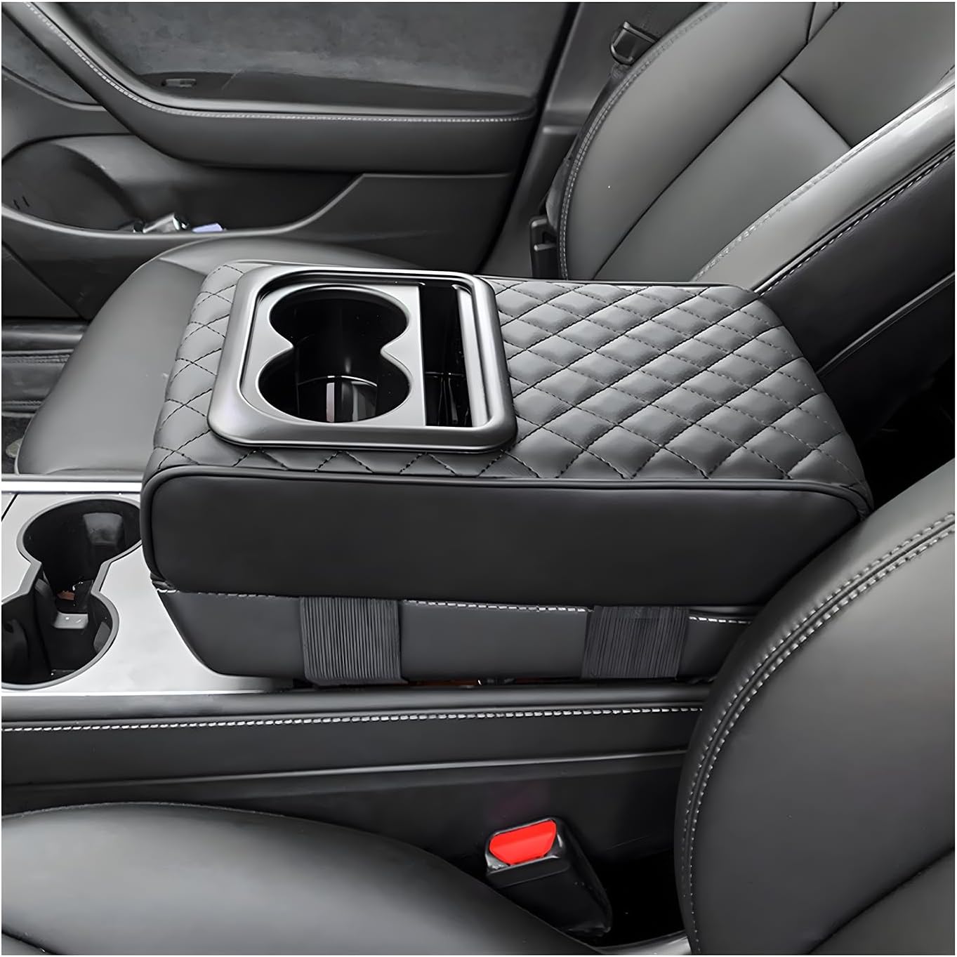 Center Console Armrest Pillow, 14.0"×8.3" Soft Leather Waterproof Armrest Cushion with Cup Holder, Comfy Memory Foam Auto Arm Rest Pad with Storage Bag, Car Accessories (Glossy)