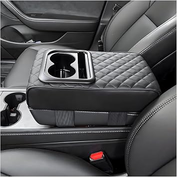 Center Console Armrest Pillow, 14.0"8.3" Soft Leather Waterproof Armrest Cushion with Cup Holder, Comfy Memory Foam Auto Arm Rest Pad with Storage Bag, Car Accessories Diamond Pattern