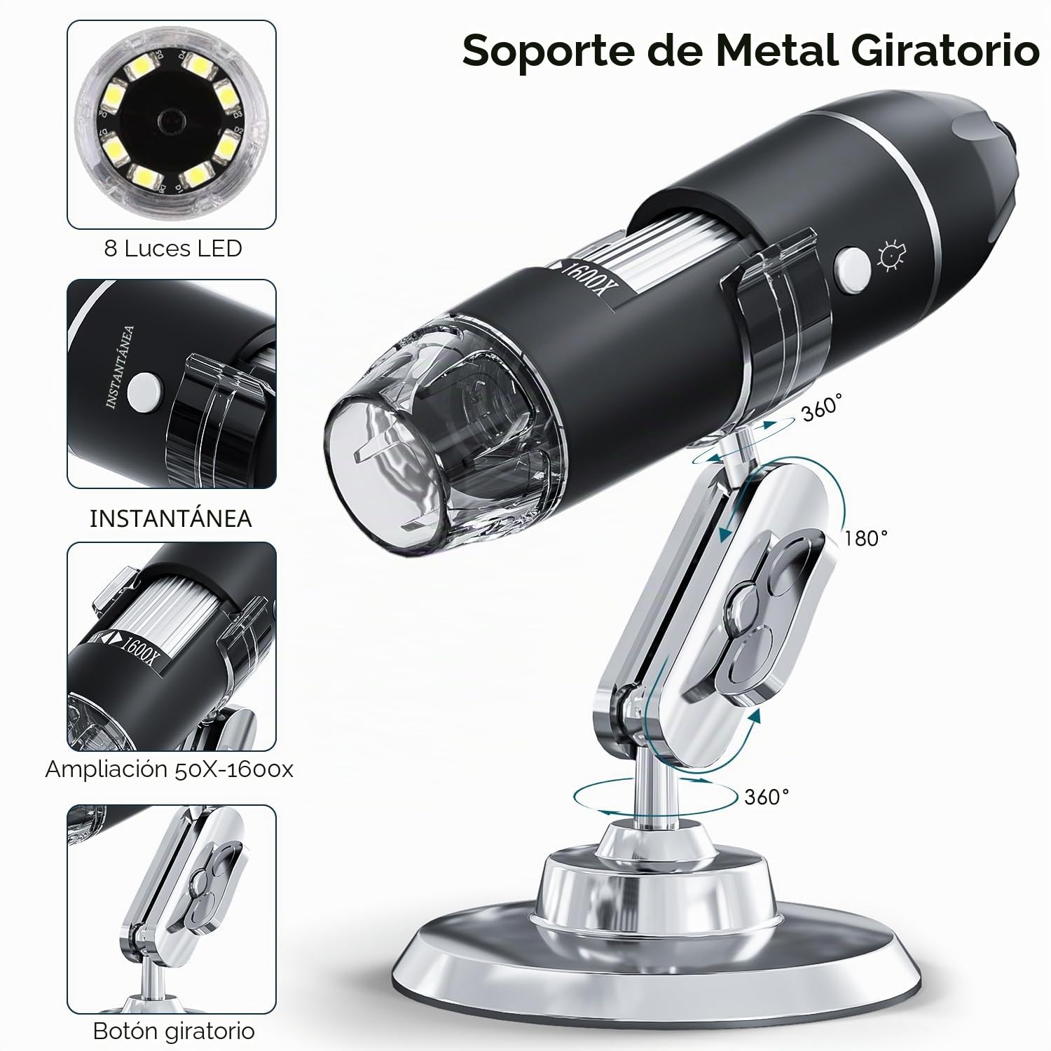 Cámara de microscopio Digital USB, cámara de inspección HD portátil SKYBASIC con Aumento de 50x a 1600x y Soporte Ajustable, 8 Luces LED, Compatible con Dispositivos iOS y Android