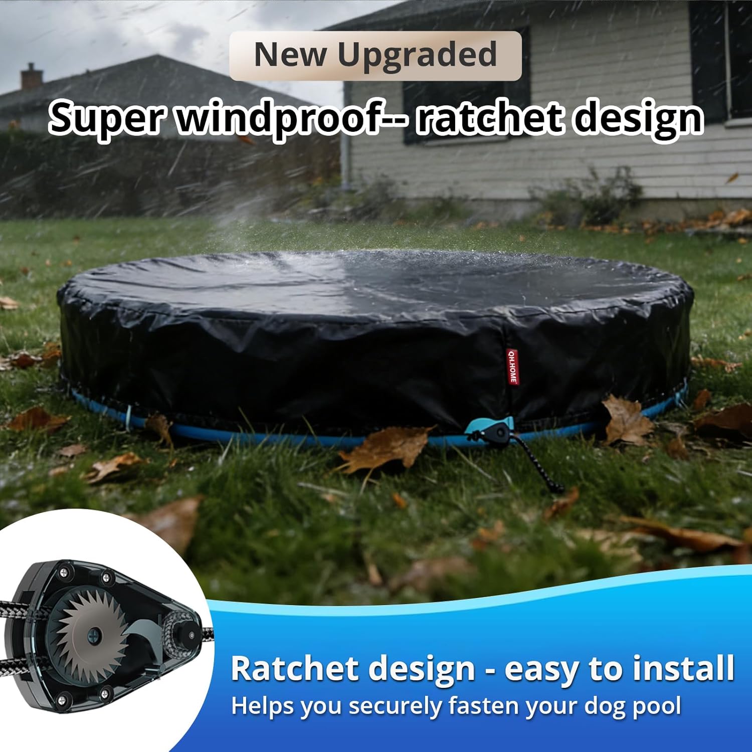 QH.HOME[2026 Upgraded Windproof] 87 inch Kiddie Pool Cover Round, Collapsible Dog Pool Cover with Super Windproof Ratchet Design, Odorless Waterproof Fabric Material and - Only Cover