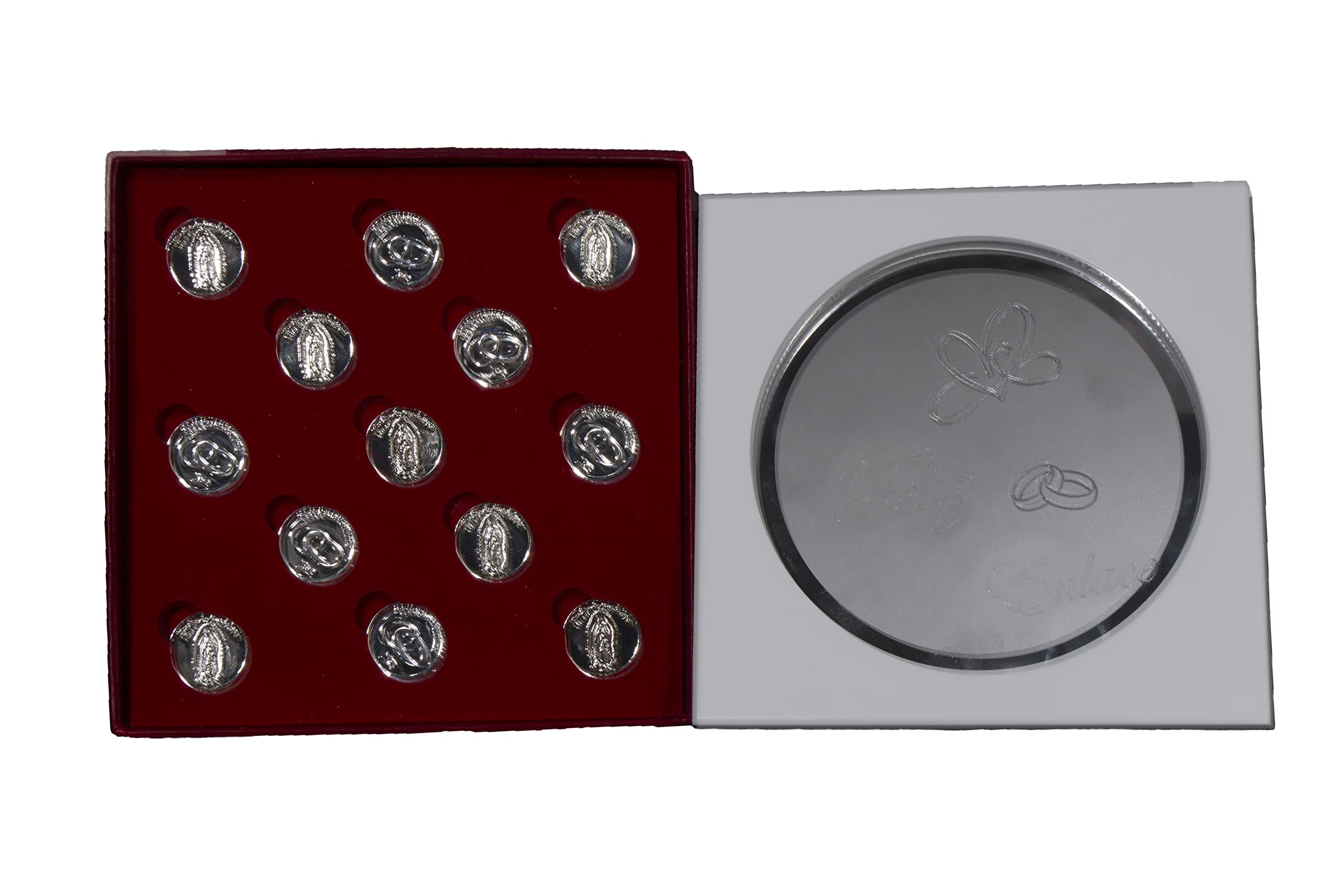 Arras de la Vírgen de Guadalupe, Personalizable con Bandeja Convertible en Placa de Recuerdo y llevanza de Alianzas para Bodas y Enlaces.