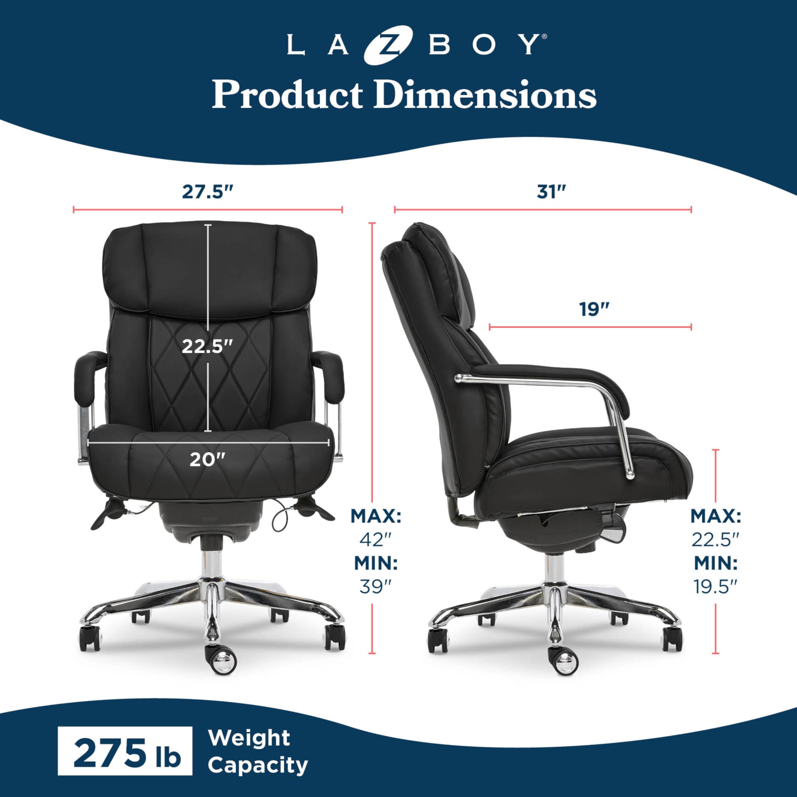 LaZBoy Sutherland Ergonomic Faux Leather Swivel Computer and Desk Chair Black CHR10048A — view 3