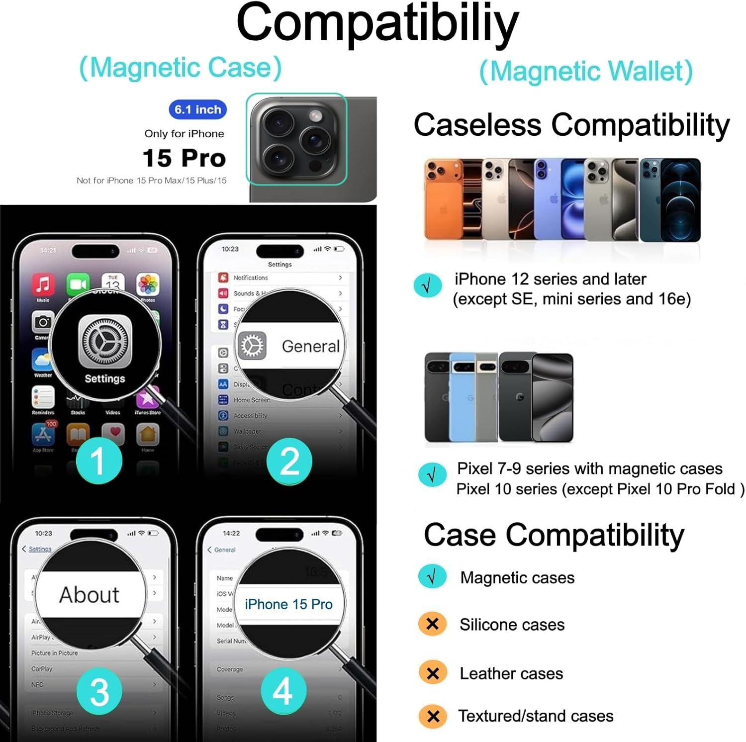 Magnetic for iPhone 15 Pro Case with Detachable Magnetic Wallet, Compatible with MagSafe, Credit Card Holder, RFID Blocking, Military Protective Slim Phone Cover, Black - Image 2