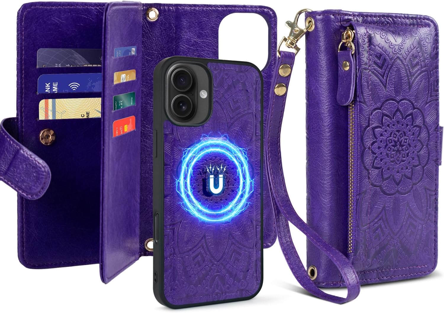 Harryshell for iPhone 16 6.1" Detachable Magnetic Case Wallet,Compatible with Magsafe Wireless Charging, [RFID Blocking] Card Slots, Cash Zipper Pocket Wrist Strap (Floral Purple)