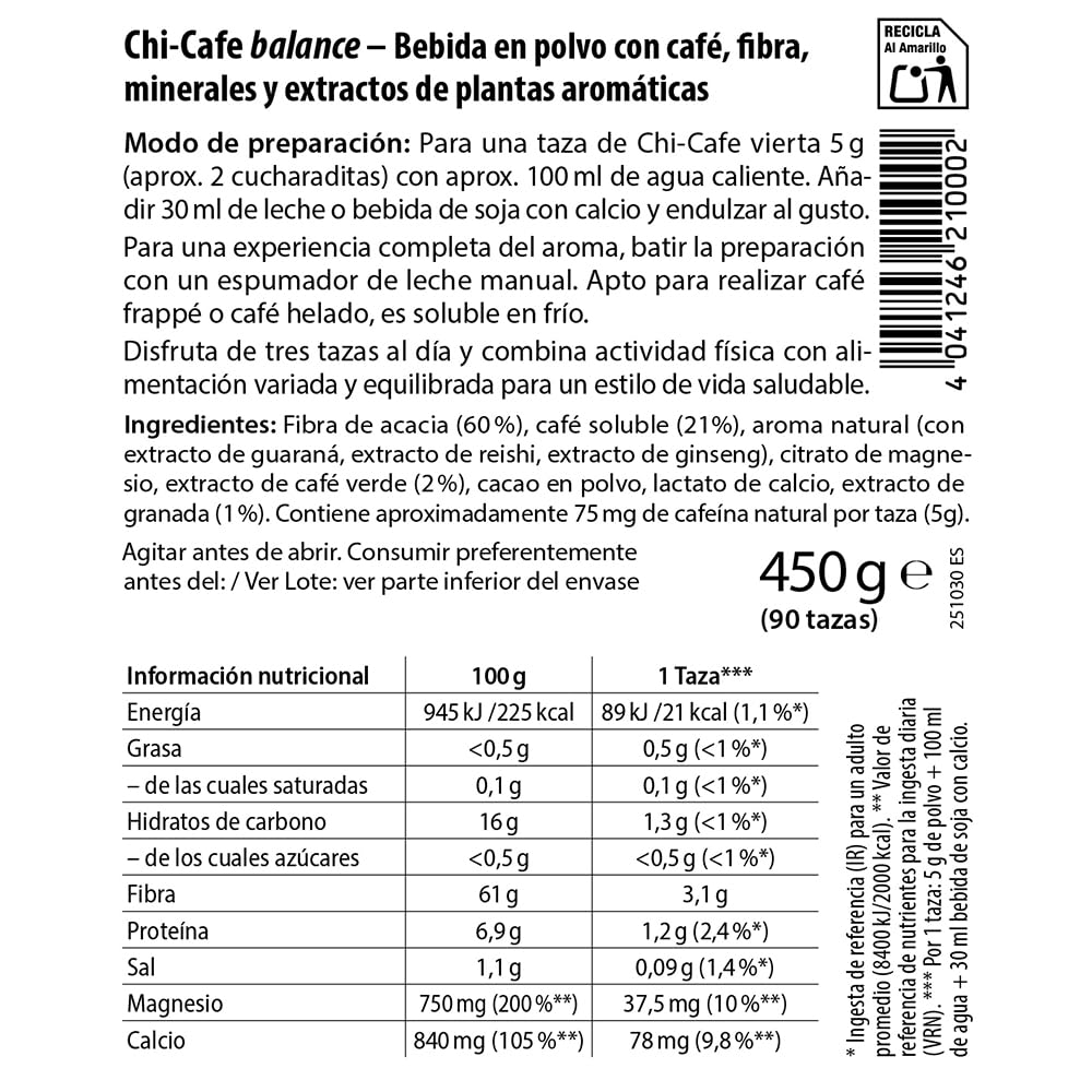 Chi-Cafe Balance Café Verde Lata 450 g I Disfruta un Café Soluble Saludable¹ Rico en Fibra Calcio y Magnesio I Bueno para la Digestión¹ Energía² y Sistema Nervioso³ I Vegano Sin Aditivos