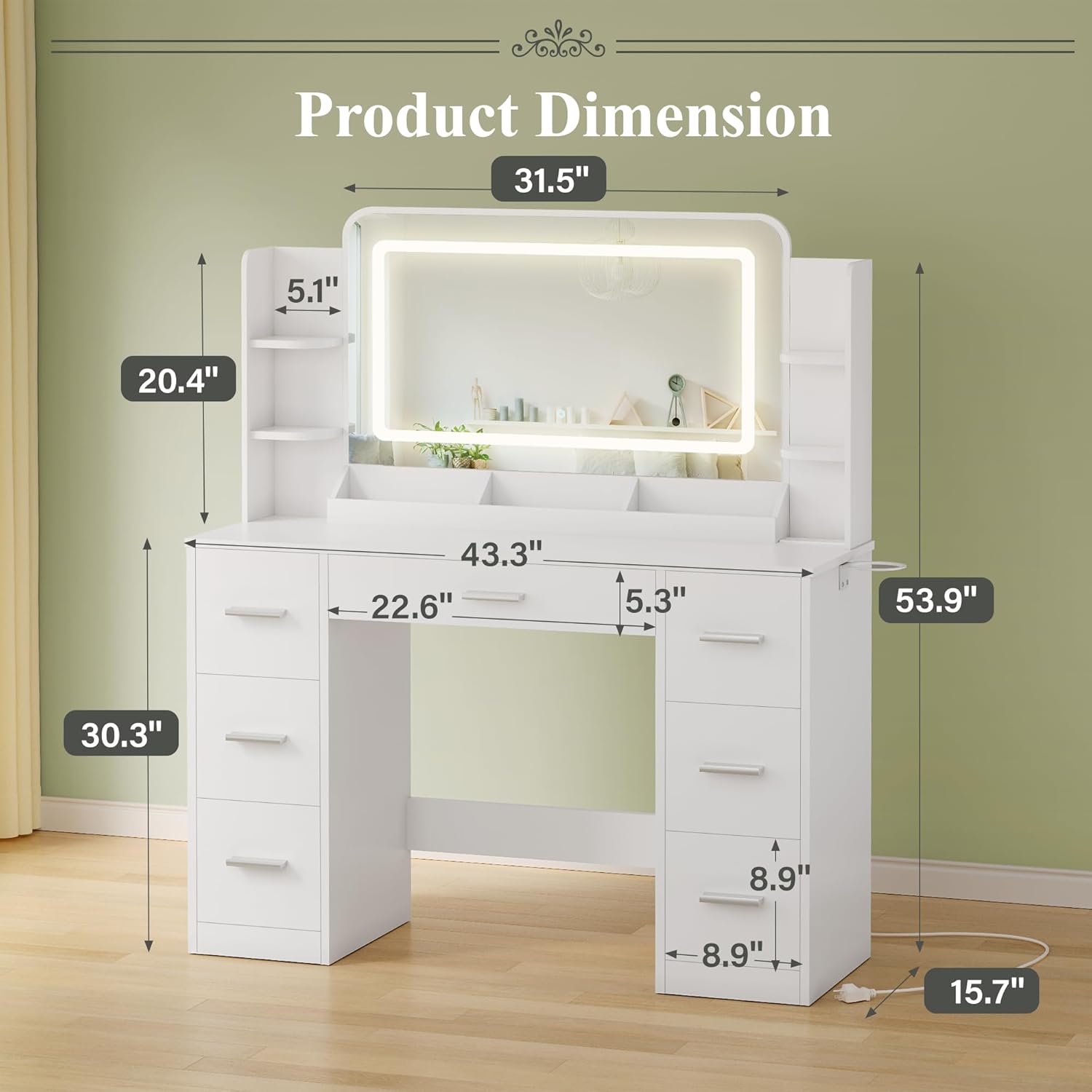 Diagram illustrating the dimensions of the JUMMICO Makeup Vanity Desk.