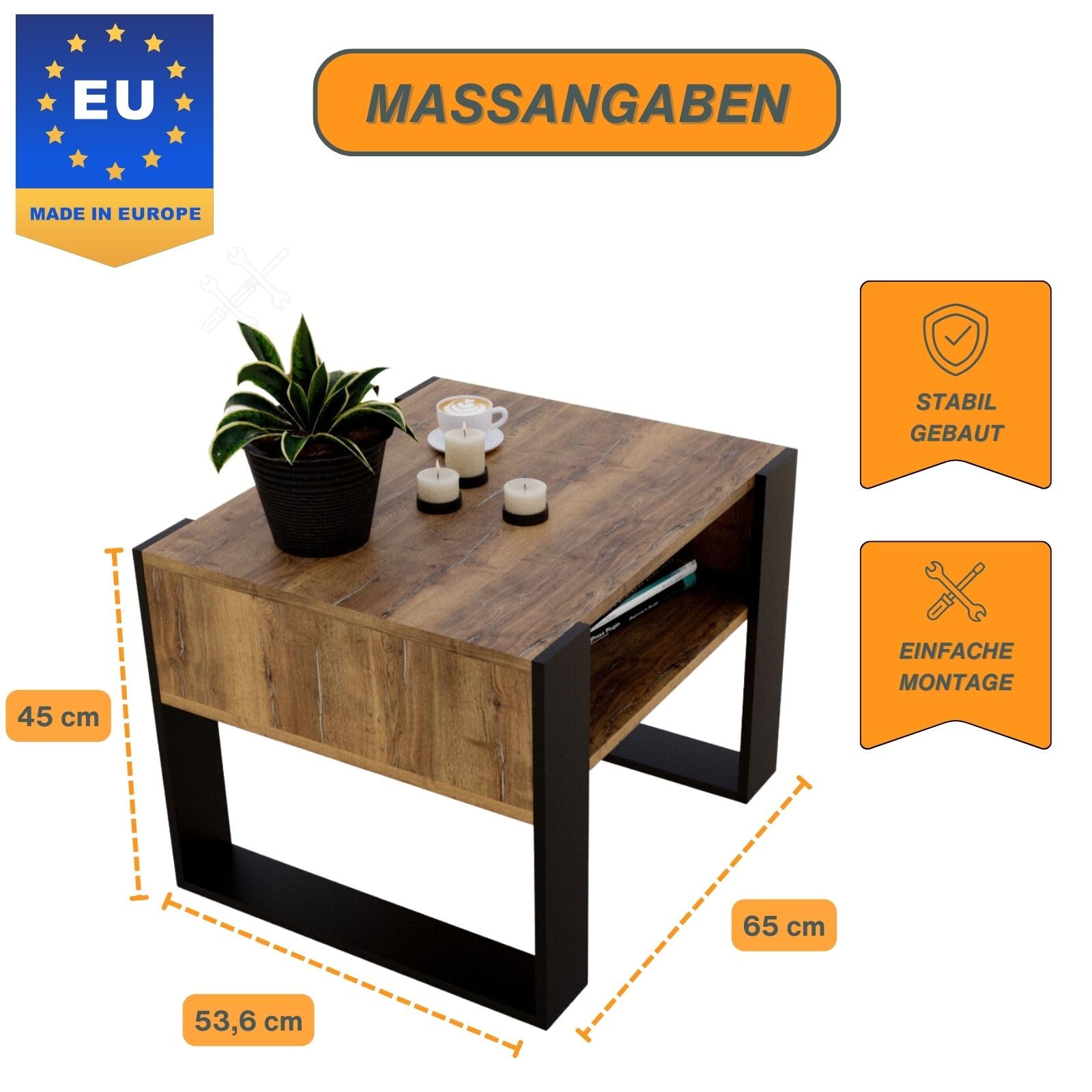 CraftPAK Wohnzimmer Tisch für Couch aus hochwertigem Holz, Stabiler & moderner Couchtisch mit zusätzlicher Ablagefläche, Farbe Retro-Schwarz