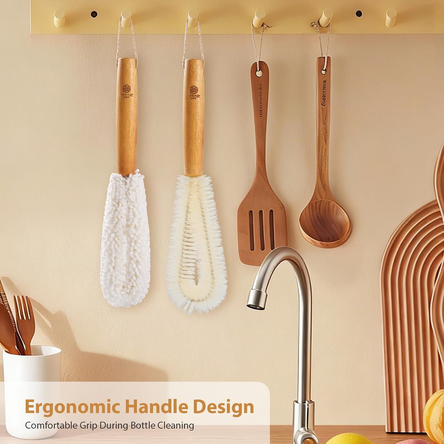YMZ C&A Bottle Brush Cleaner Set-Teak Wood Handle for Glass Cups, Coffee Cups, Mugs, and Sport Bottles