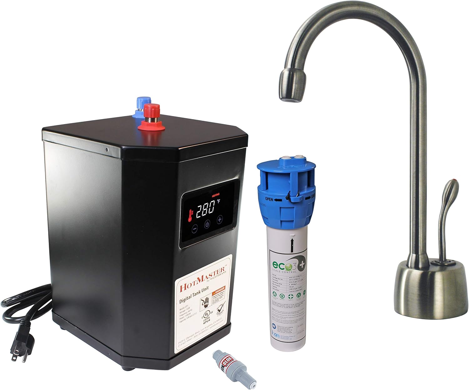 Westbrass DT1F271-20 Develosah 9" 1-Handle Hot Water Dispenser Faucet with HotMaster DigiHot Digital Tank System and In-line Water Filter, Stainless Steel