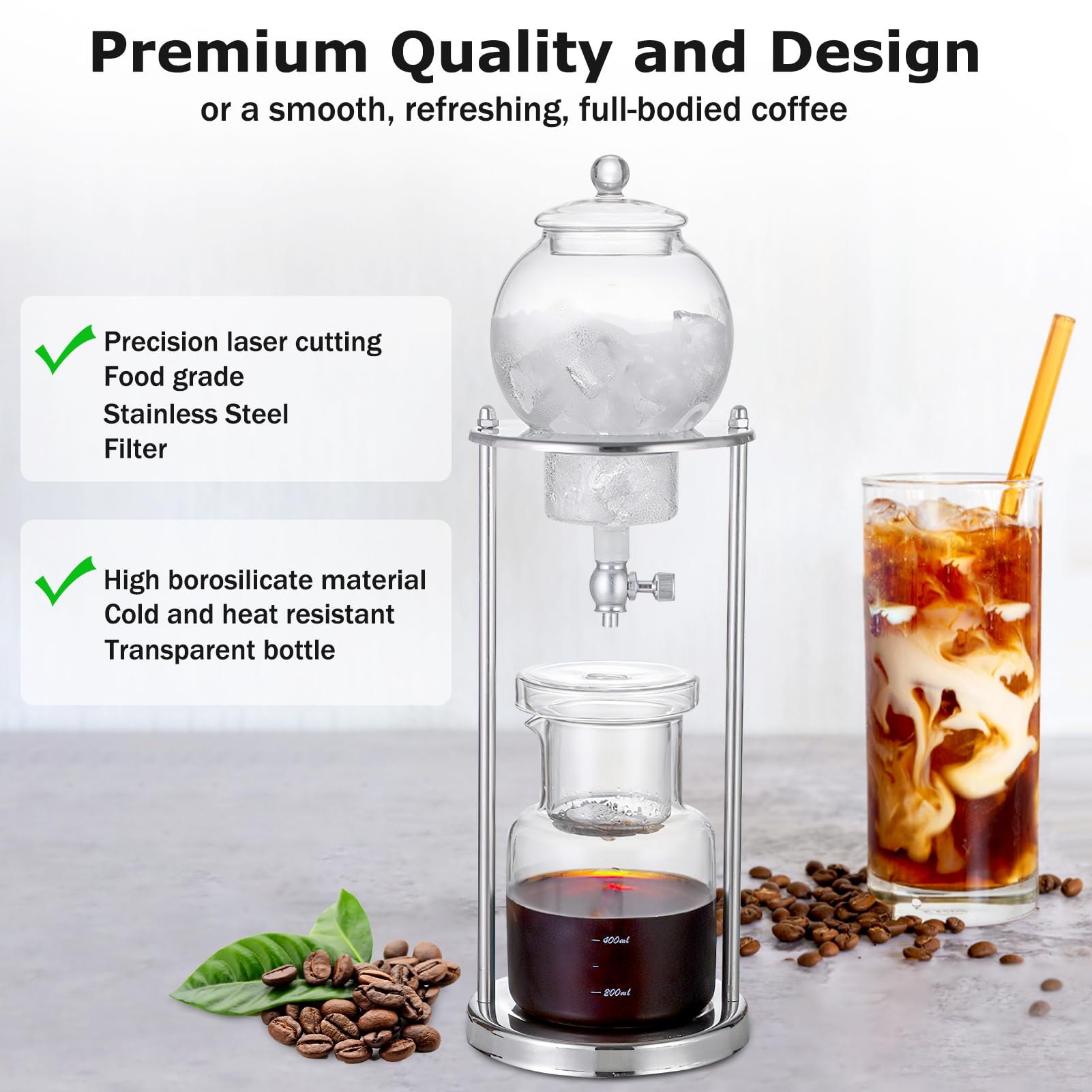 Ice Cold Brew Dripper Coffee Maker, Macchina caffè americano,Cold Brew Drip Tower 600ml Riutilizzabile Filtraggio in Vetro Supporto in Acciaio Inossidabile Trasparente DIY Ice Coffee Brew Tower