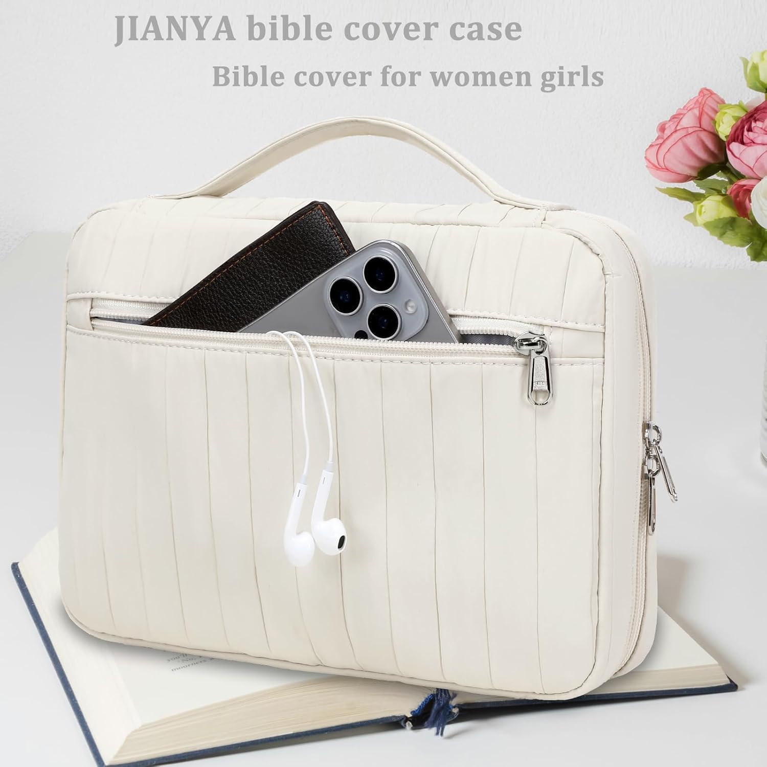 JIANYA Bible Cover Case for Women, Bible Book Cover Carrying Case with Handle and Zippered Pocket, Bible Study Supplies Gift for Women image 2
