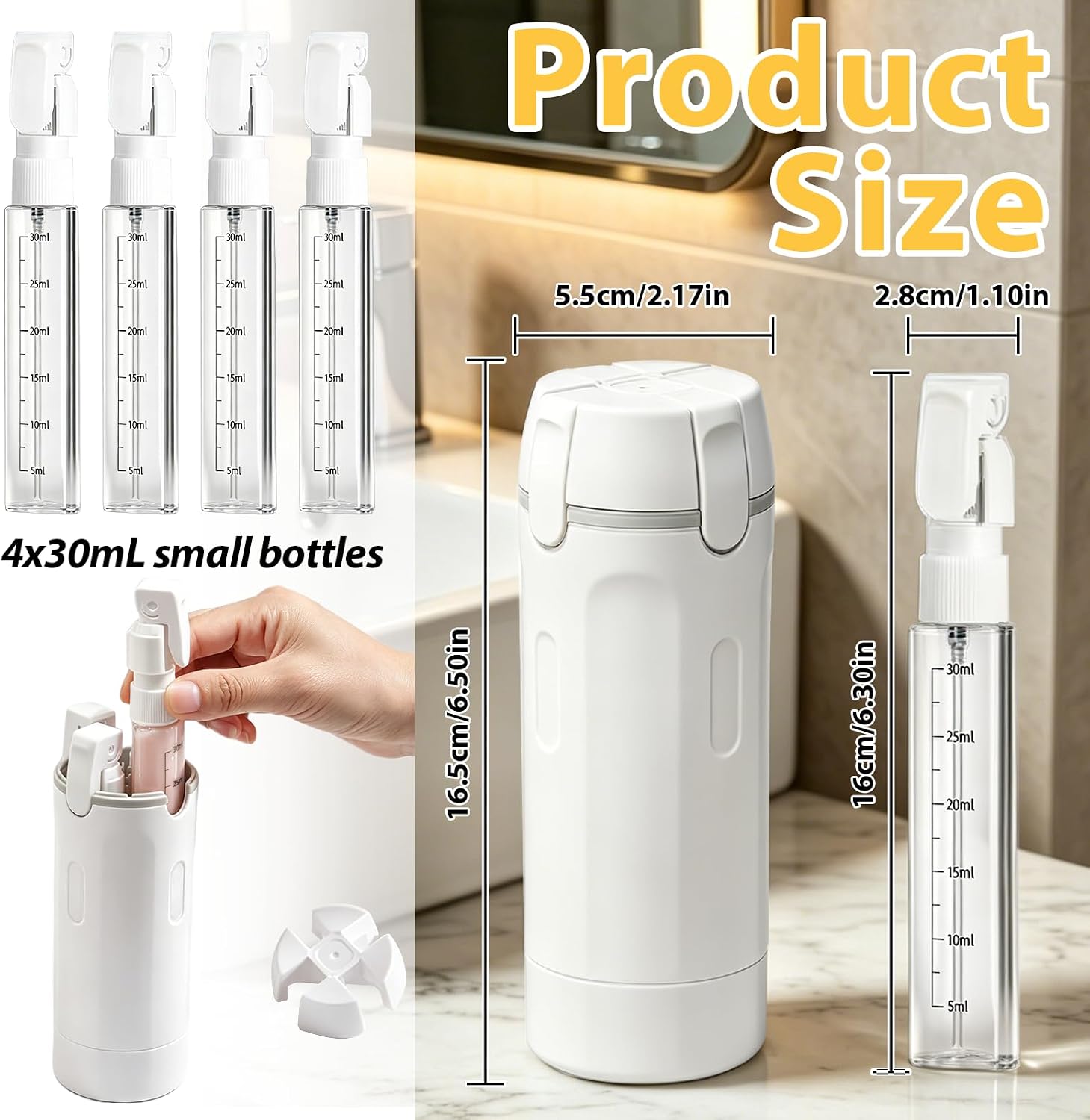 4 in 1 Travel Bottles for Toiletries Leak Proof Pump Dispenser Set - Refillable Travel Containers with Labels & Scale, Portable Shampoo Lotion Bottles for Carry On Travel Gym