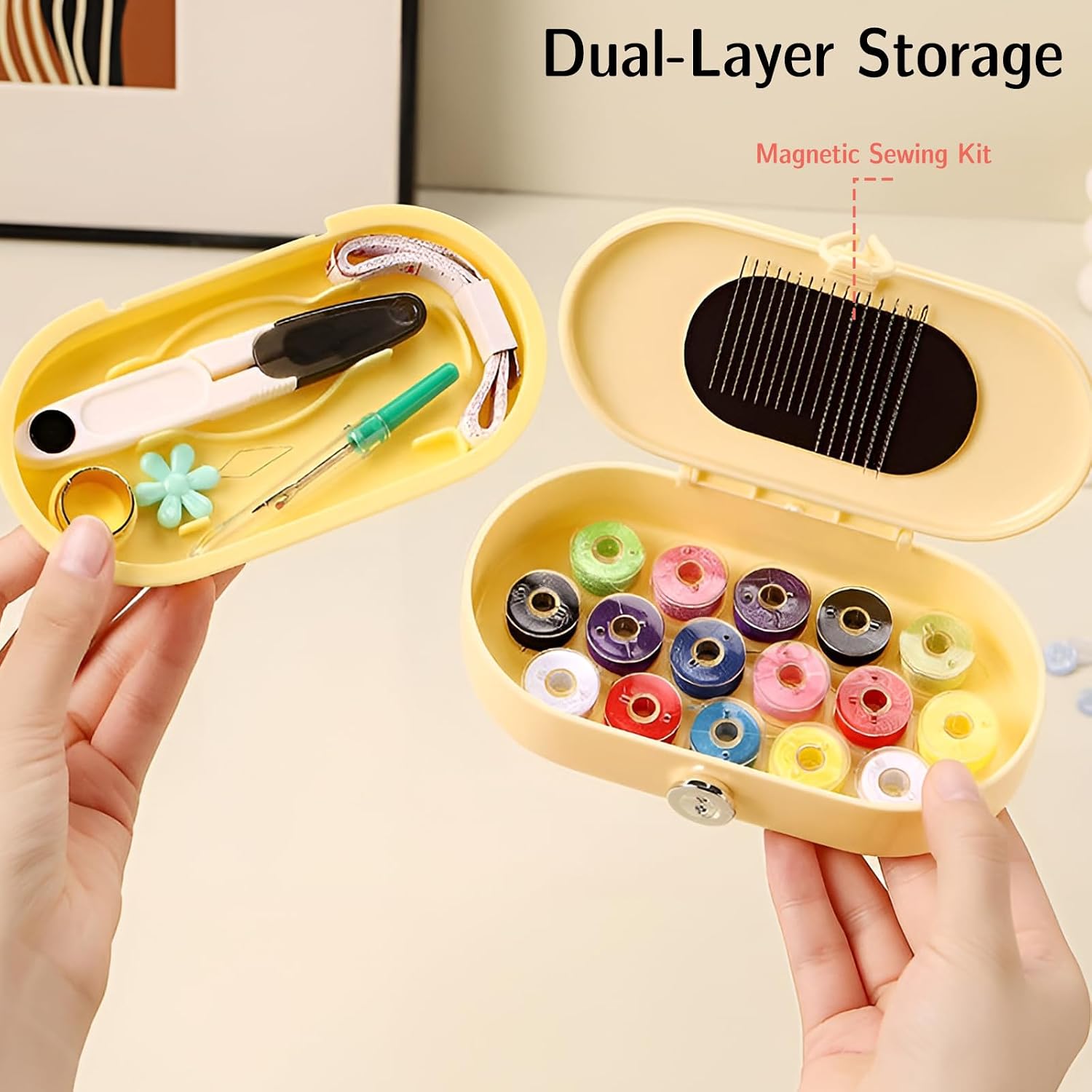 GadgetNova Portable Sewing Kit for Adults–Compact Travel Sewing Kit with Magnetic Storage, Basic Needle and Thread, Suitable for On-the-Go Repairs & Beginners (Yellow)