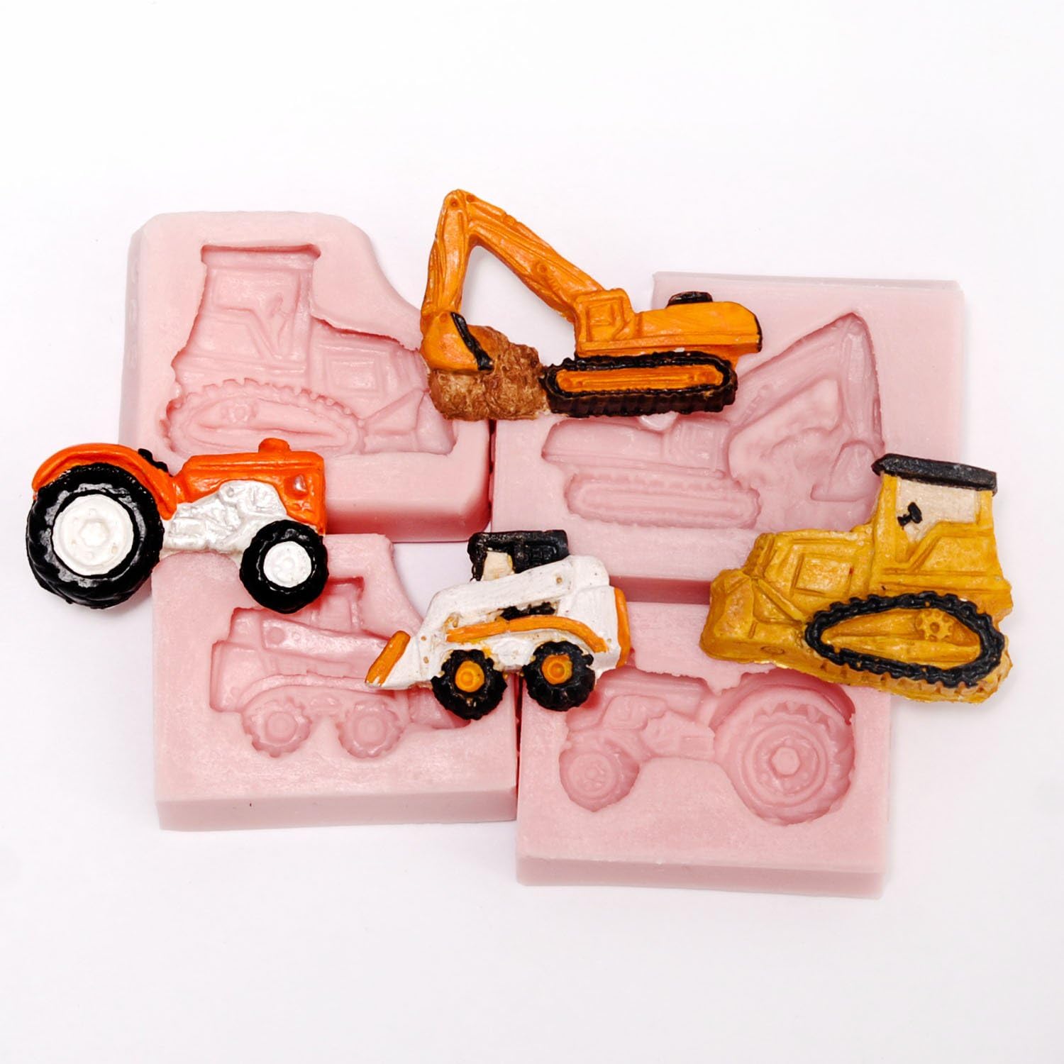 Small Bull Dozer, Tractor, Excavator, Skid Steer Silicone Mold Set - Food Safe Fondant, Resin, Polymer Clay Mold. Flexible easy to use. Jewelry, Craft or Food Mold.