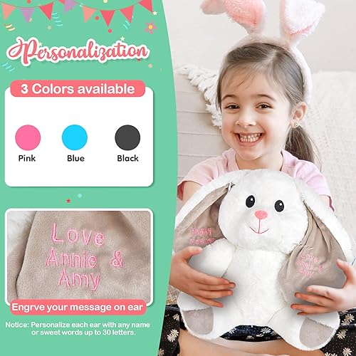 Miniatura 10 de BSTAOFY Juguete personalizado de conejo de 16 pulgadas, muñeca de conejo de felpa suave, con nombre bordado en el vientre para regalos de Pascua