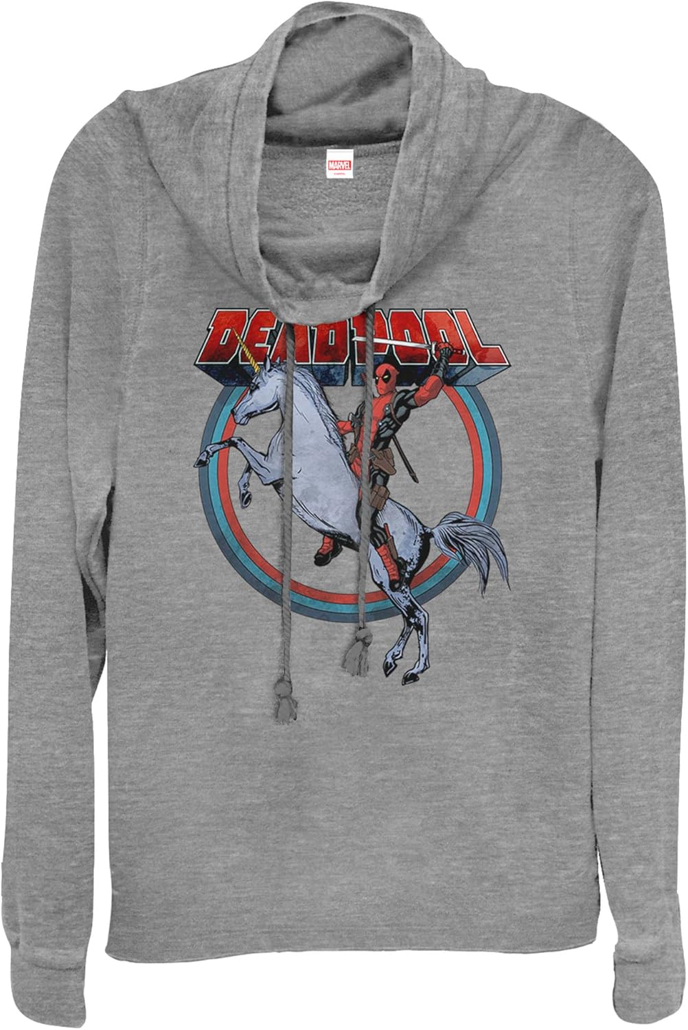 Marvel Women's Classic Deadpool on Unicorn Women's Cowl Neck Long Sleeve Knit Top