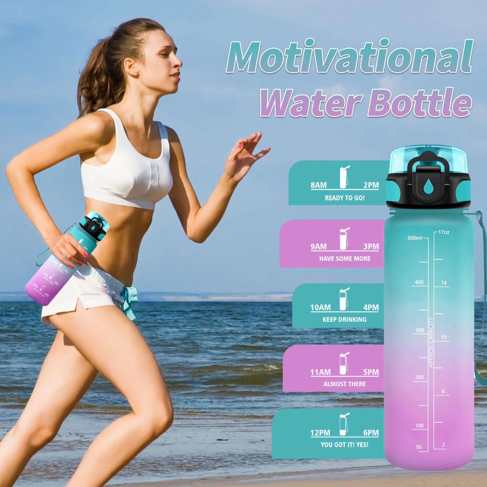 Borraccia 500ml, Borraccia con Indicatore del Tempo Motivazionale, Bottiglia con Filtro, Borraccia Bambini, a Prova di Perdite, Borracce per Bambini, Sport, Palestra, Scuola, Gym, Ufficio, Yoga