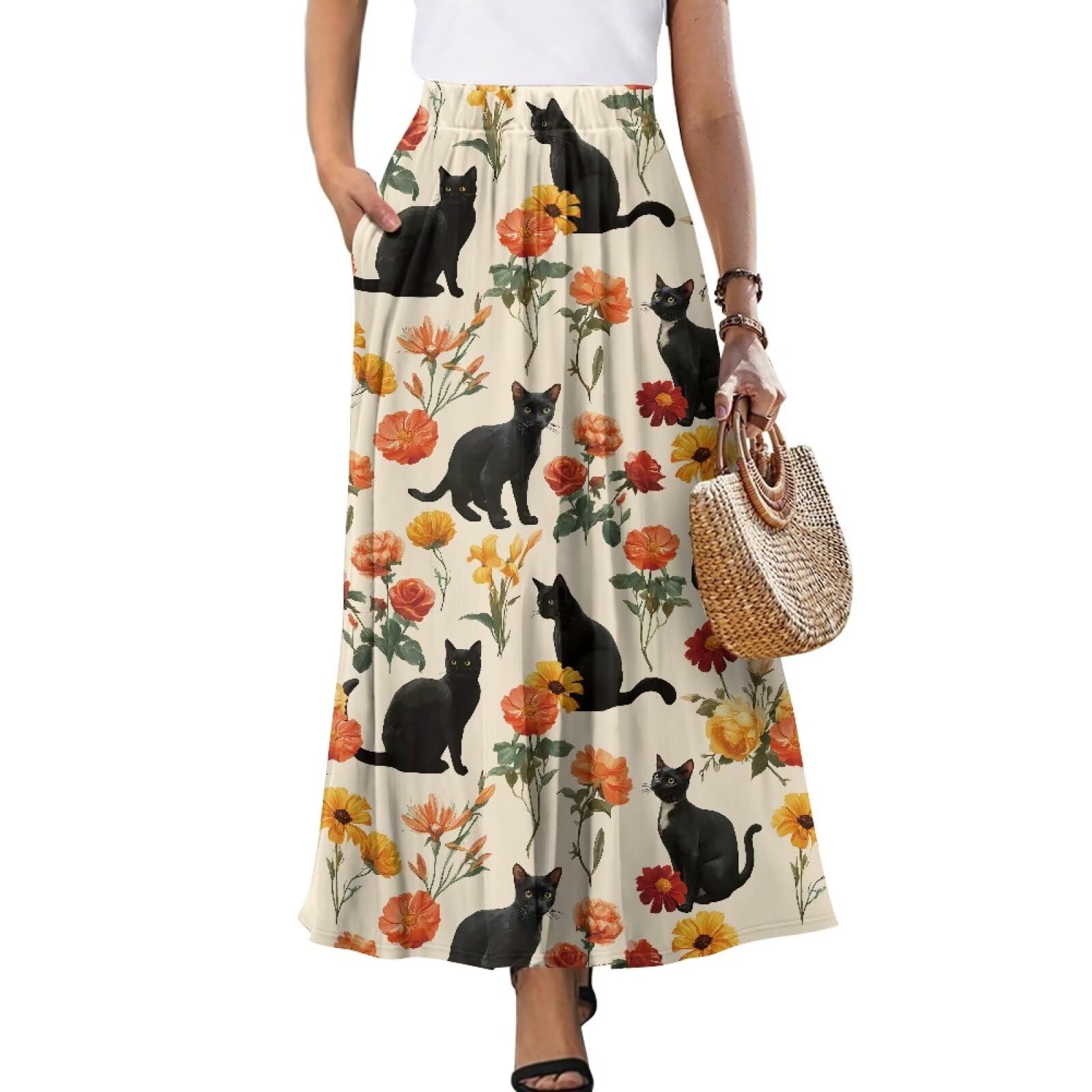 Biyejit Maxi Skirts for Women with Pockets Casual Long Skirt Midi Length Casual Skirt for Beach Party Holiday