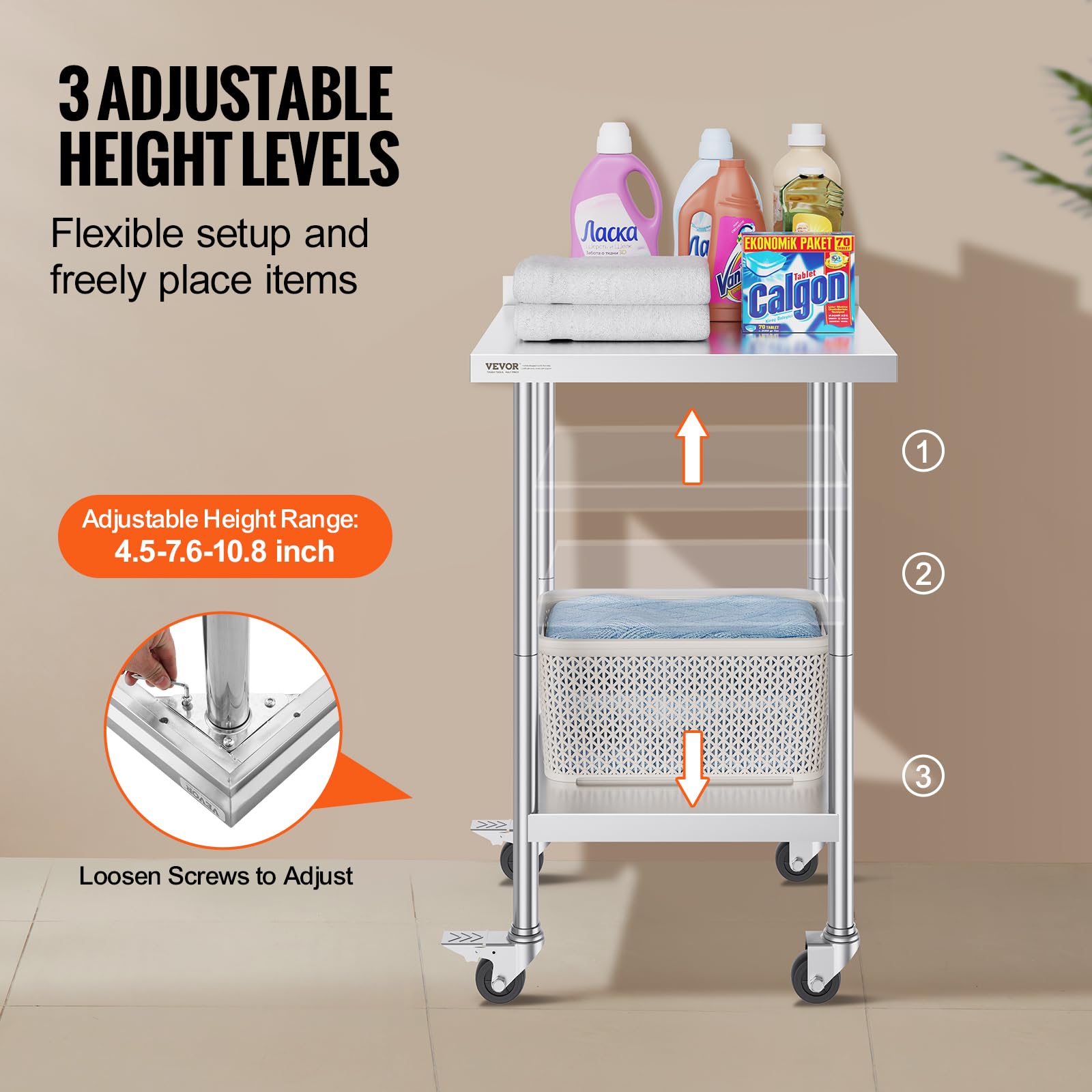 VEVOR Tavolo da Lavoro in Acciaio Inossidabile 610 x 610 x 1005 mm, con 4 Ruote, 3 Livelli di Altezza Regolabili, Tavolo Resistente per Preparazione Alimenti Ristoranti Cucina Commerciale, Argento