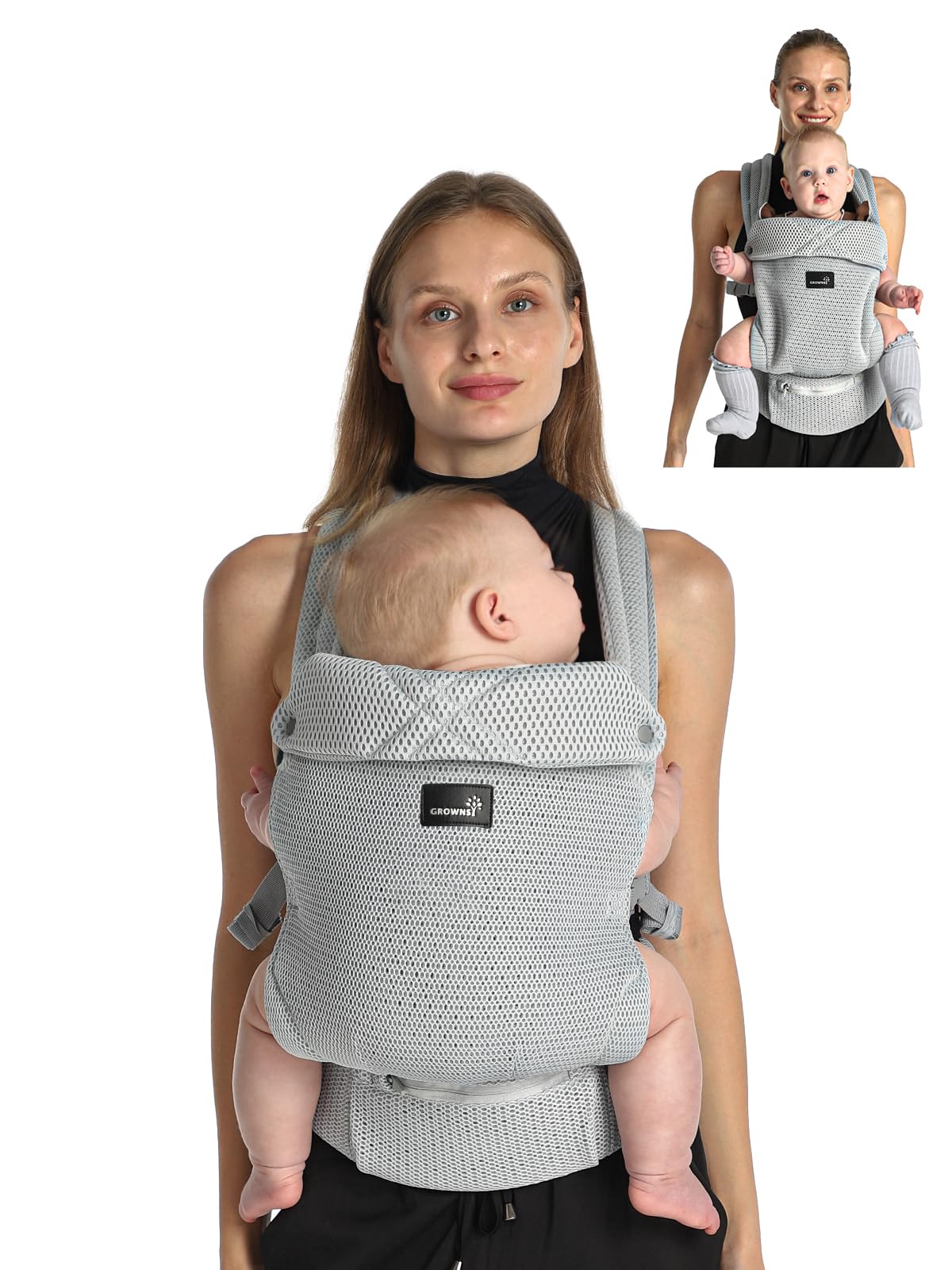 Photo 1 of GROWNSY Baby Carrier Newborn to Toddler, Lightweight Ergonomic 7-44 lbs Newborn Carrier with Head Support, Easy to Wear Hands Free Infant Carrier for 0-36 Months, Gray Air Mesh