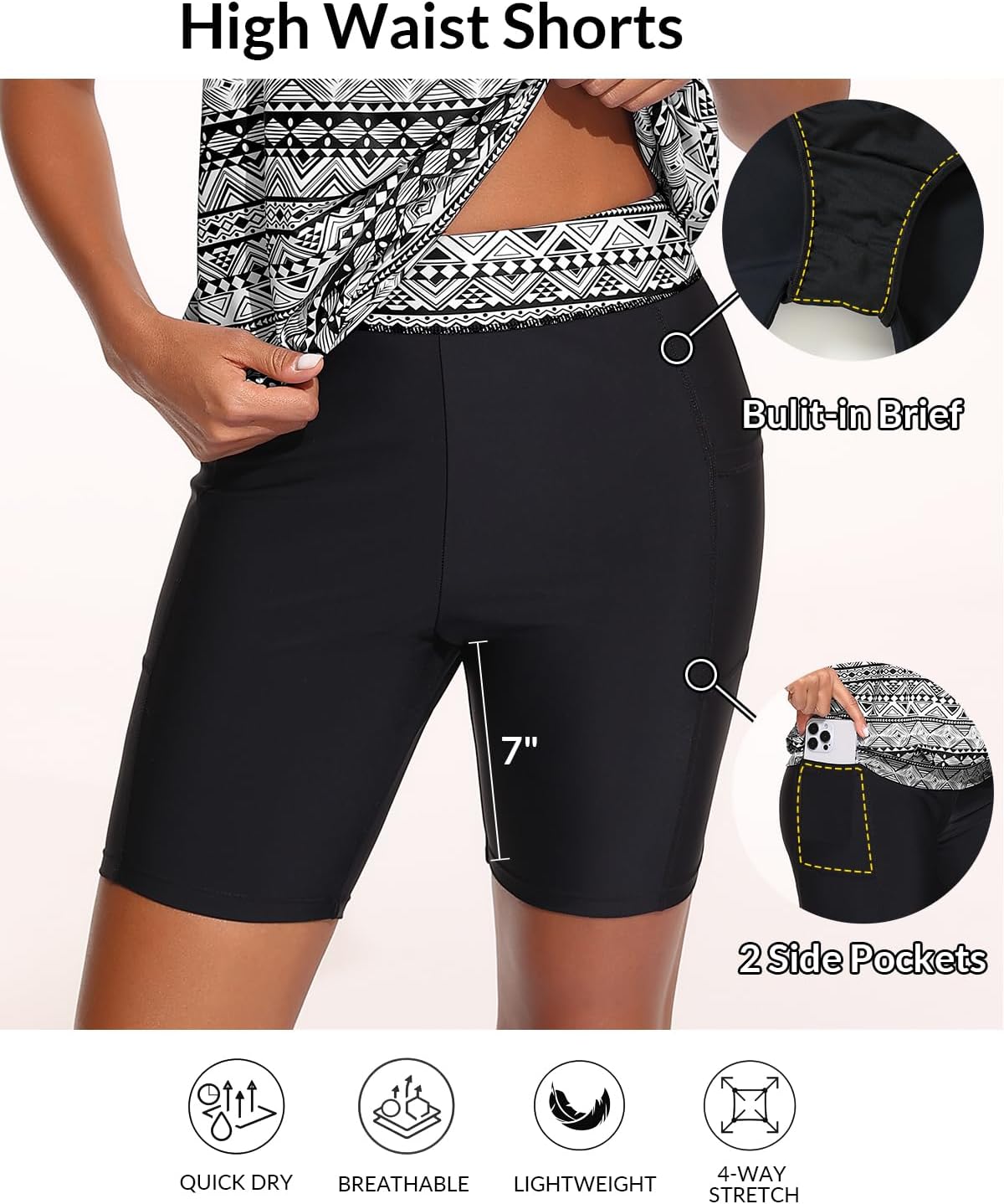 Womens Tankini with Shorts - Two Piece Swimsuit with 2 Pockets 7" Long Boy-Leg Shorts Blouson Athletic Bathing Suit - Image 4