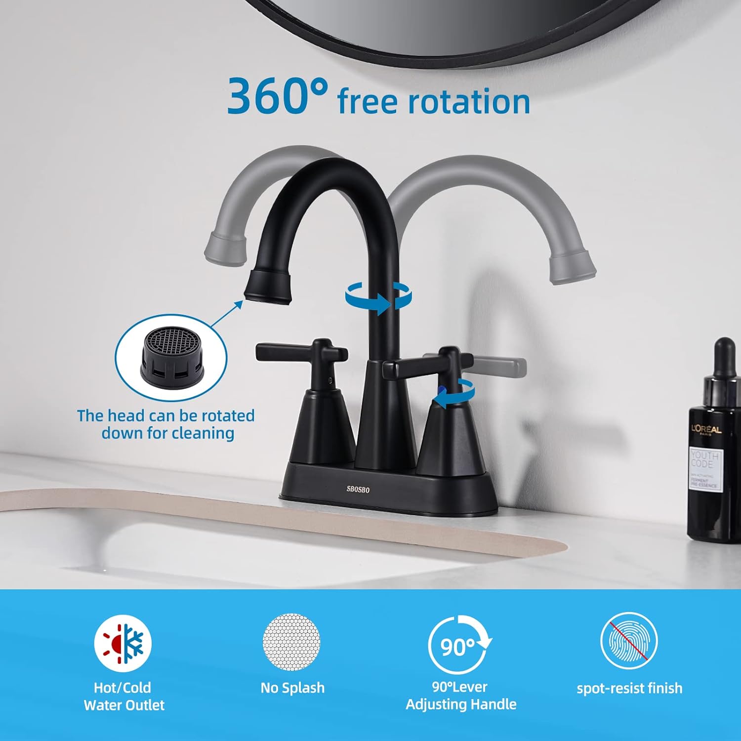 Matte Black Bathroom Sink Faucet, SBOSBO 4 Inch Bathroom Faucet for Sink 3 Hole, 2 Handle Centerset with Pop Up Drain Assembly and 2 Water Supply Hoses for RV Vanity - Image 2
